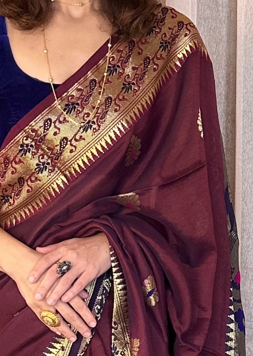 Aubergine Pure Katan Silk Cotton Sari with Paithani Weaving - Raahini