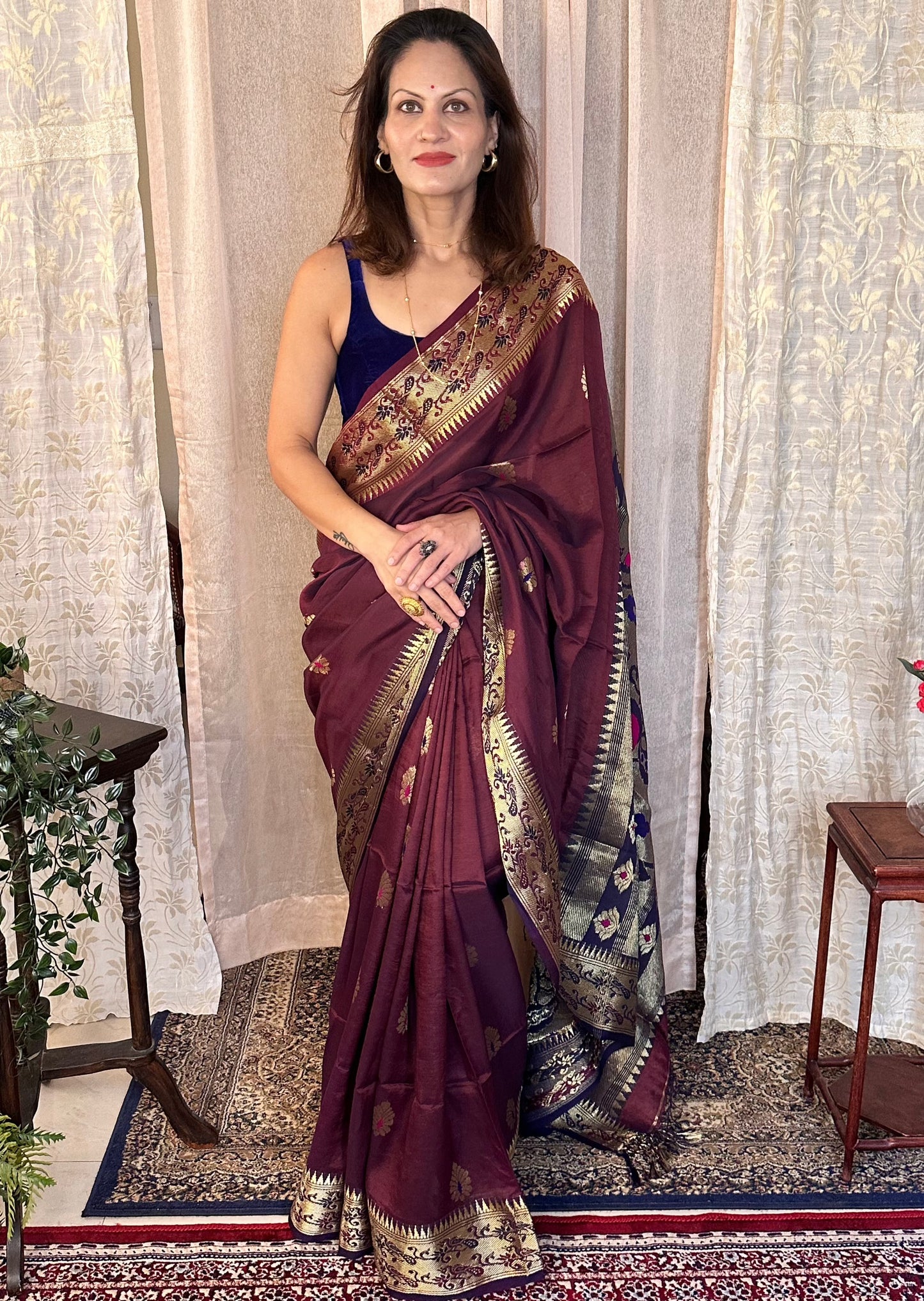 Aubergine Pure Katan Silk Cotton Sari with Paithani Weaving - Raahini