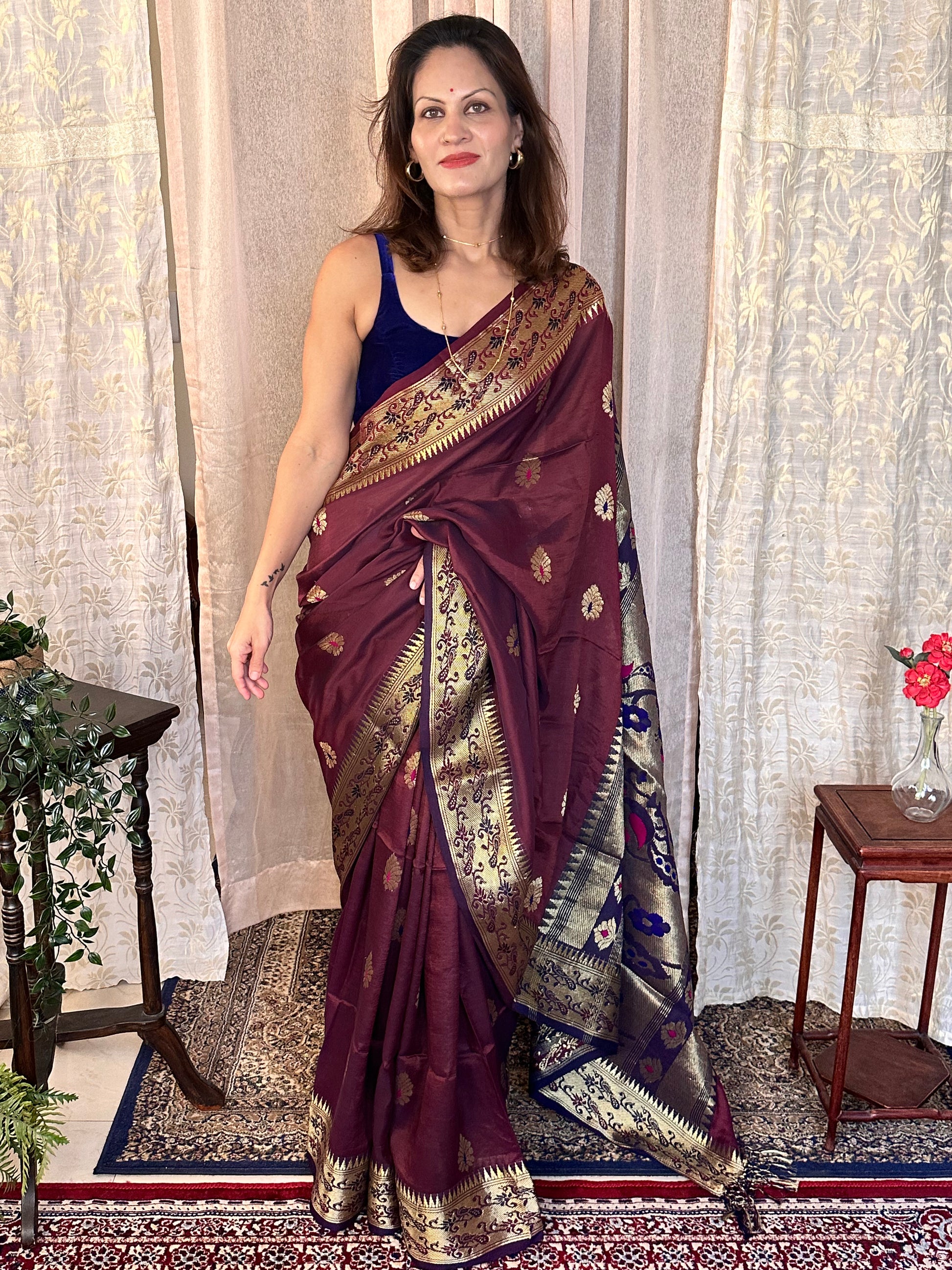 Aubergine Pure Katan Silk Cotton Sari with Paithani Weaving - Raahini