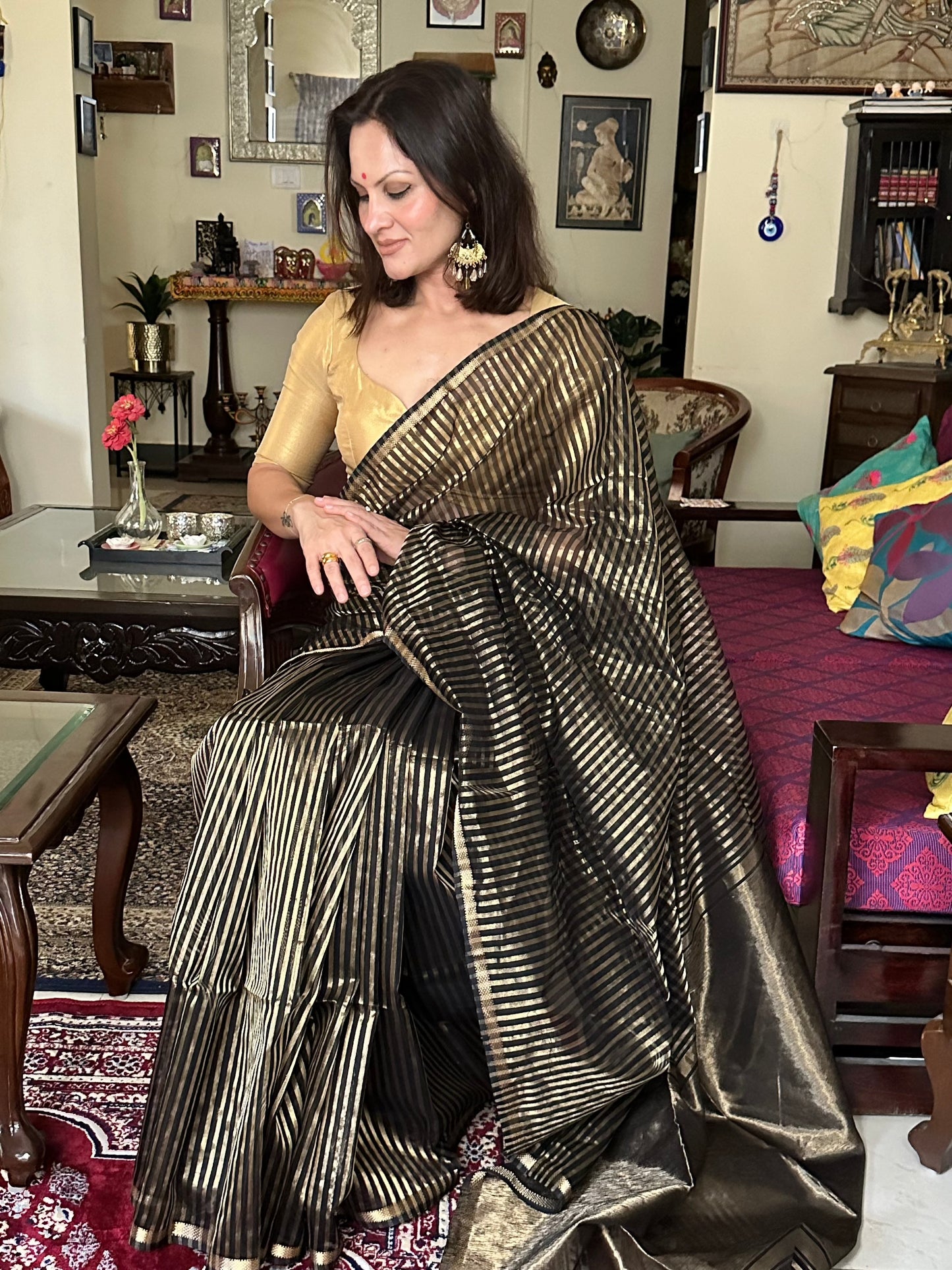 Handloom Pure Silk Cotton Maheshwari with Gold Stripes - Raahini