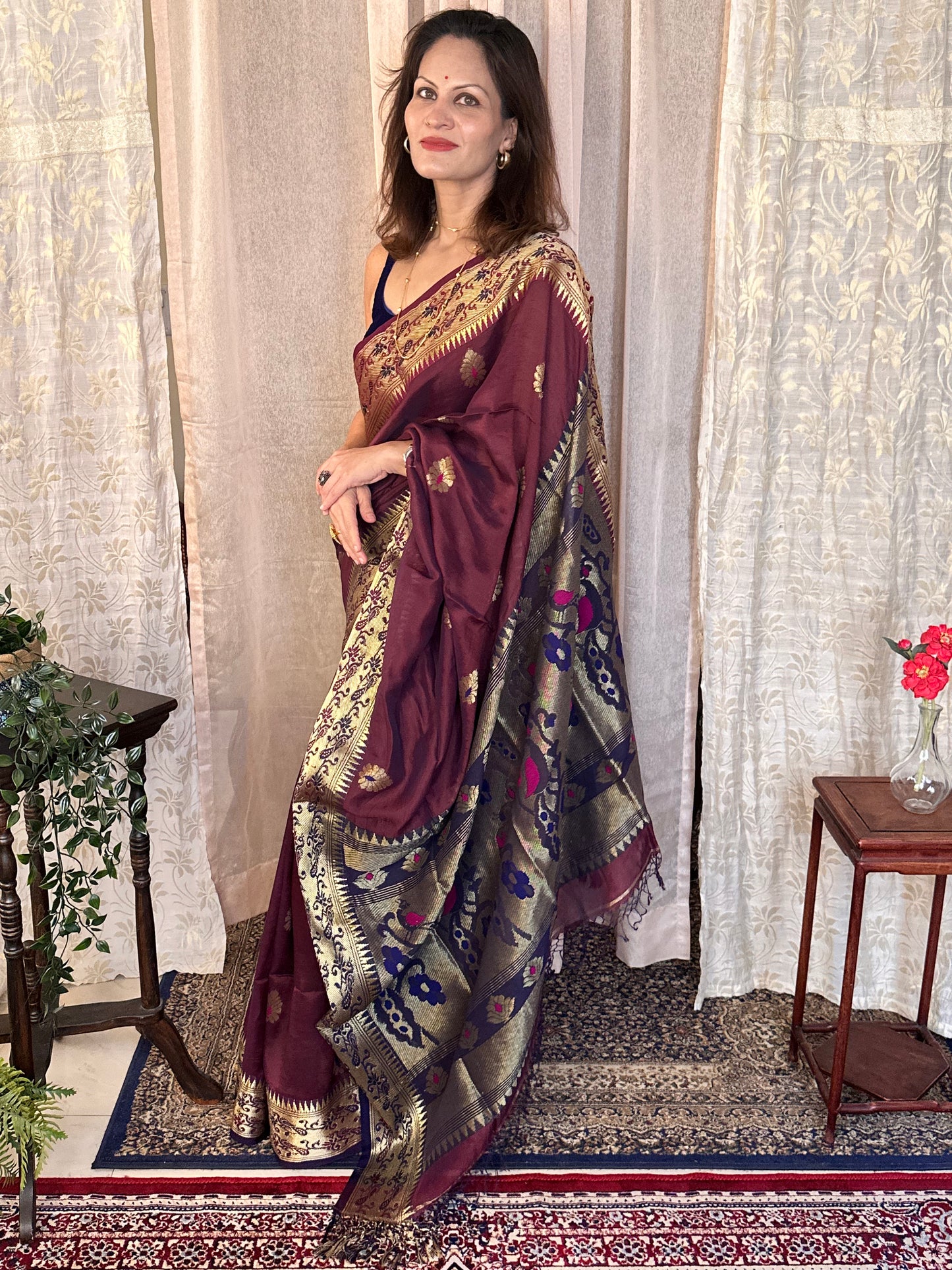 Aubergine Pure Katan Silk Cotton Sari with Paithani Weaving - Raahini