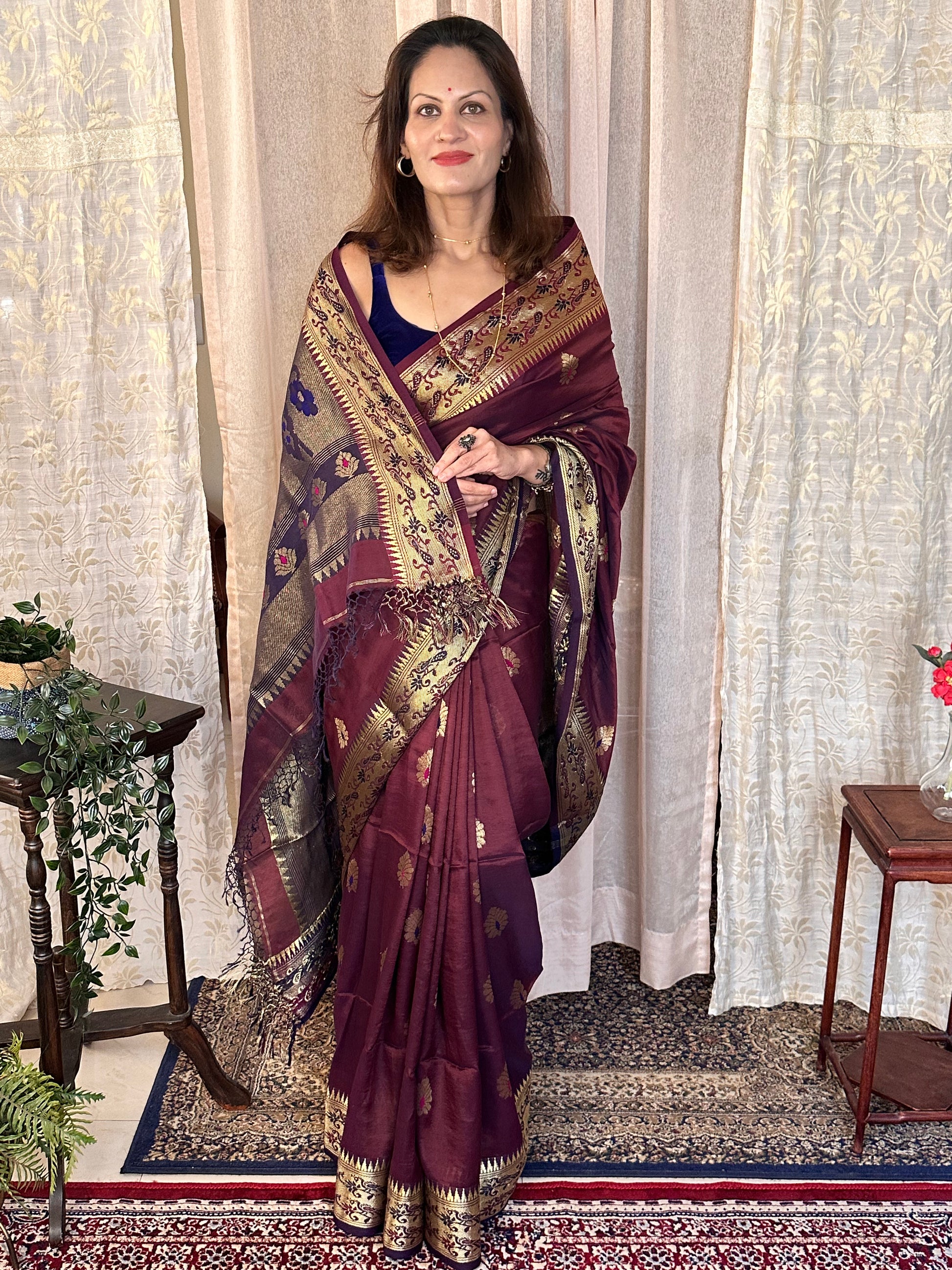 Aubergine Pure Katan Silk Cotton Sari with Paithani Weaving - Raahini