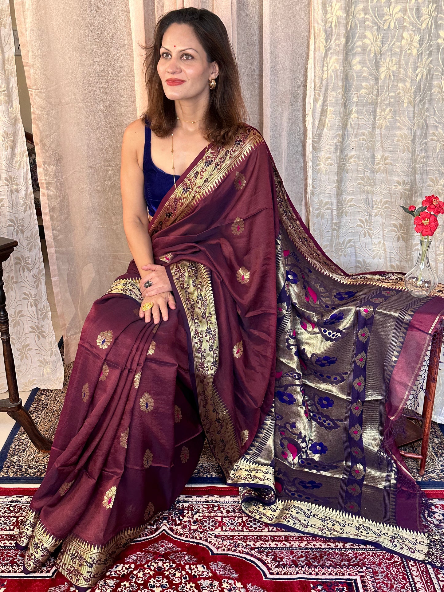 Aubergine Pure Katan Silk Cotton Sari with Paithani Weaving - Raahini