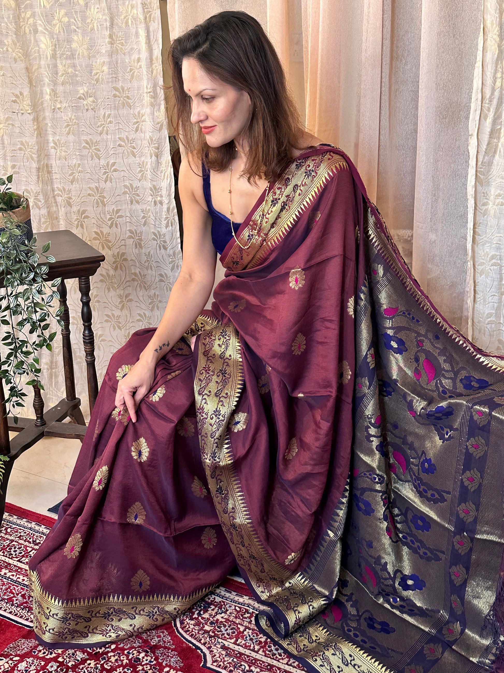 Aubergine Pure Katan Silk Cotton Sari with Paithani Weaving - Raahini