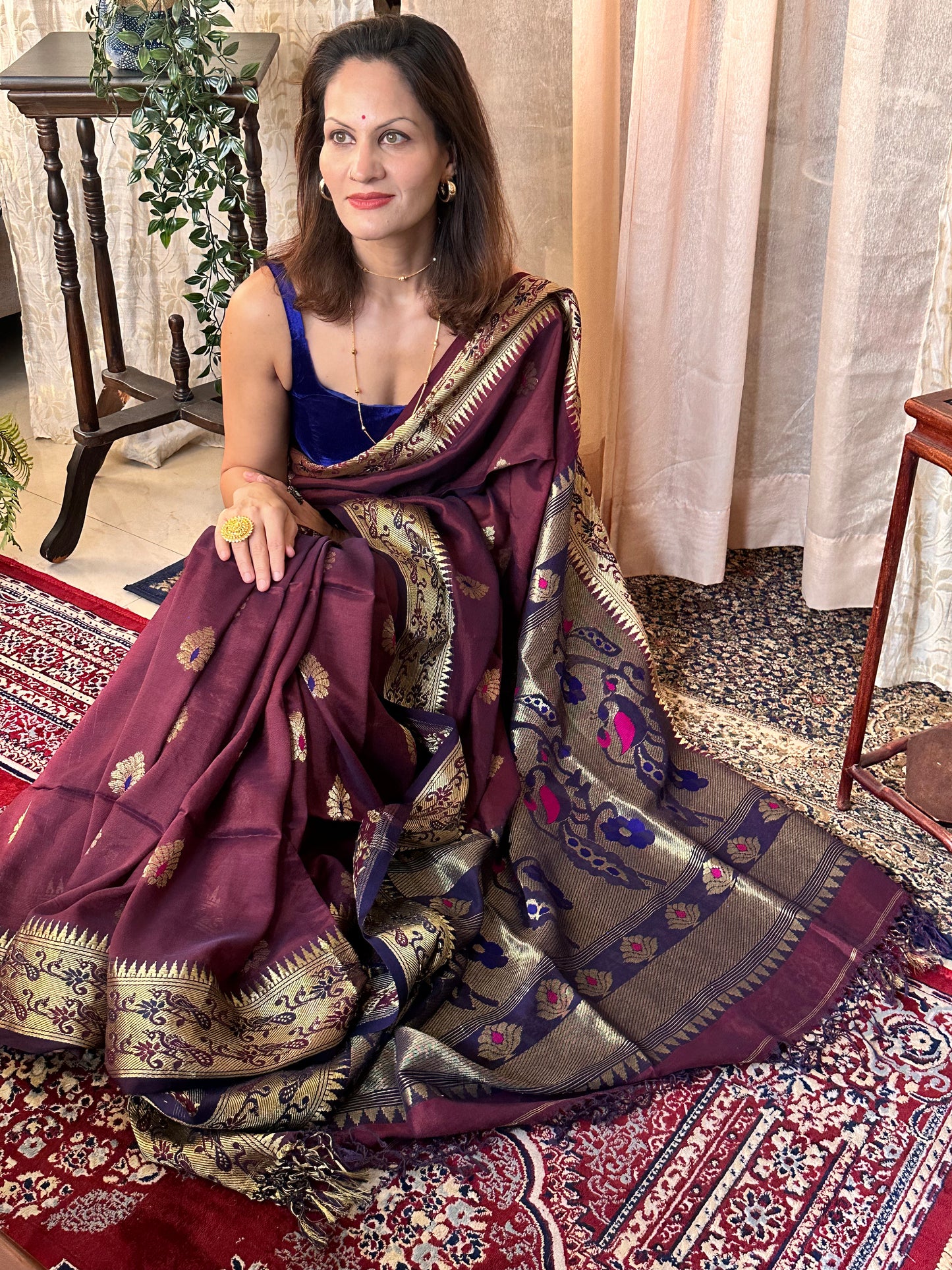 Aubergine Pure Katan Silk Cotton Sari with Paithani Weaving - Raahini