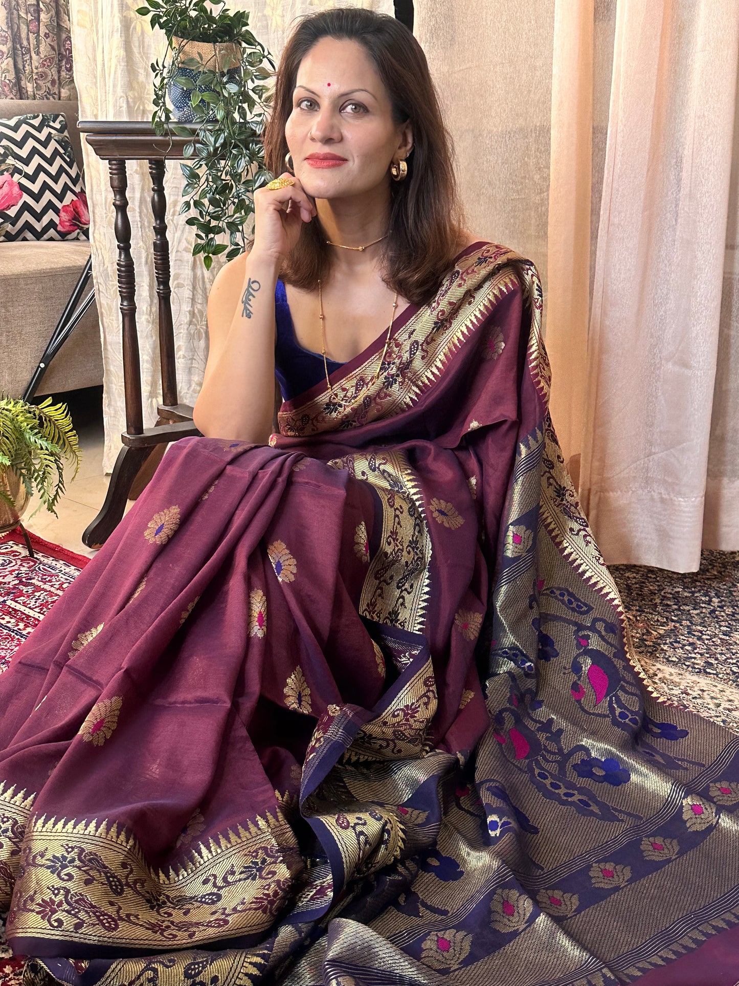 Aubergine Pure Katan Silk Cotton Sari with Paithani Weaving - Raahini