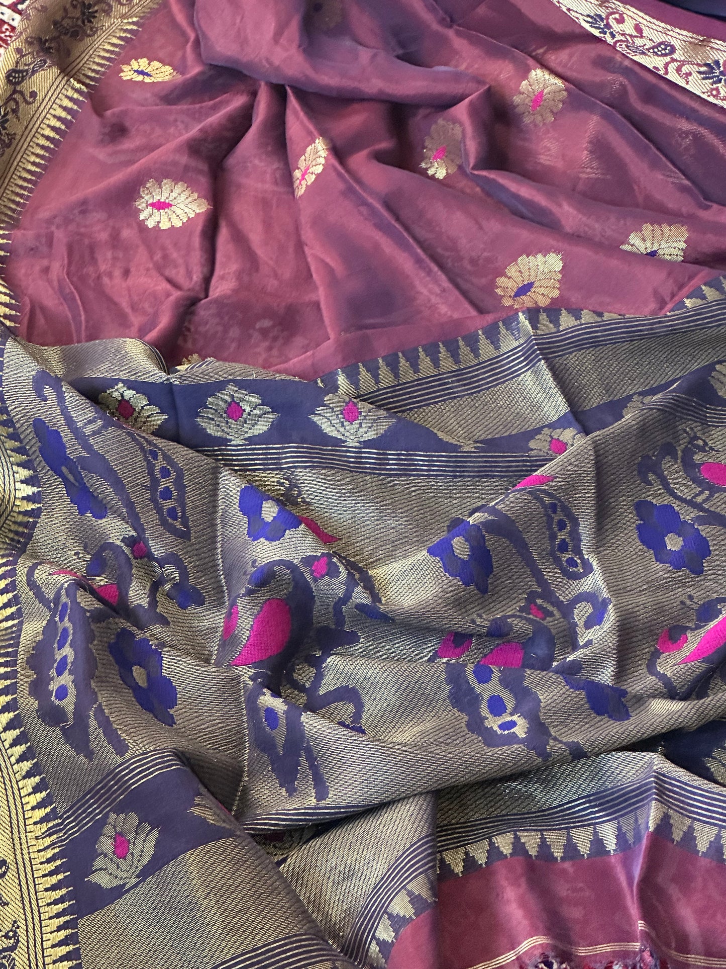 Aubergine Pure Katan Silk Cotton Sari with Paithani Weaving - Raahini