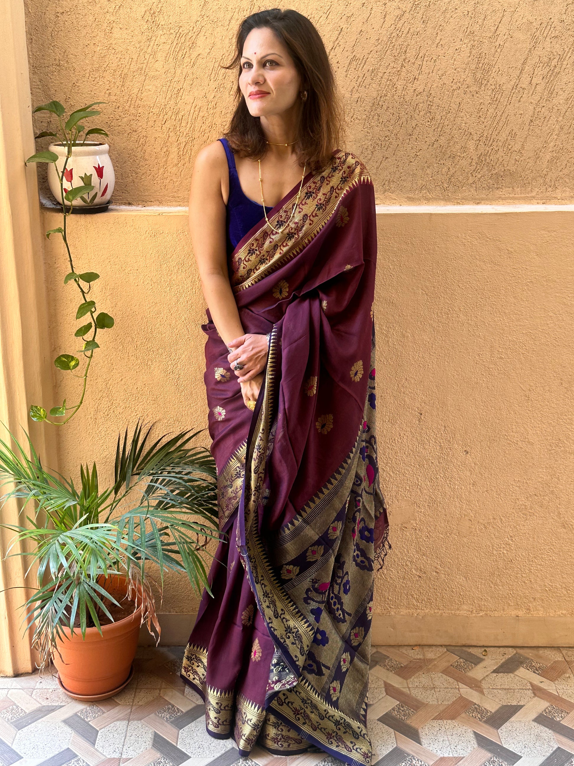 Aubergine Pure Katan Silk Cotton Sari with Paithani Weaving - Raahini