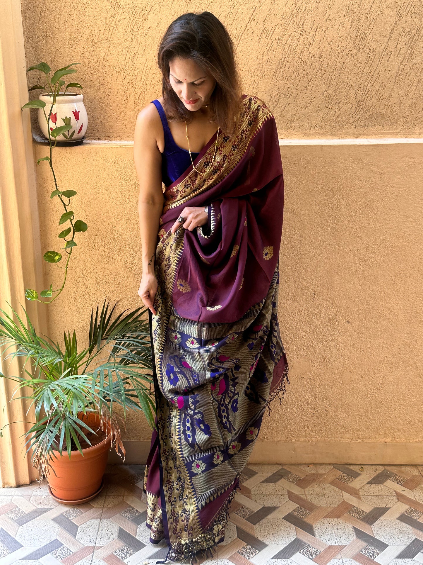 Aubergine Pure Katan Silk Cotton Sari with Paithani Weaving - Raahini