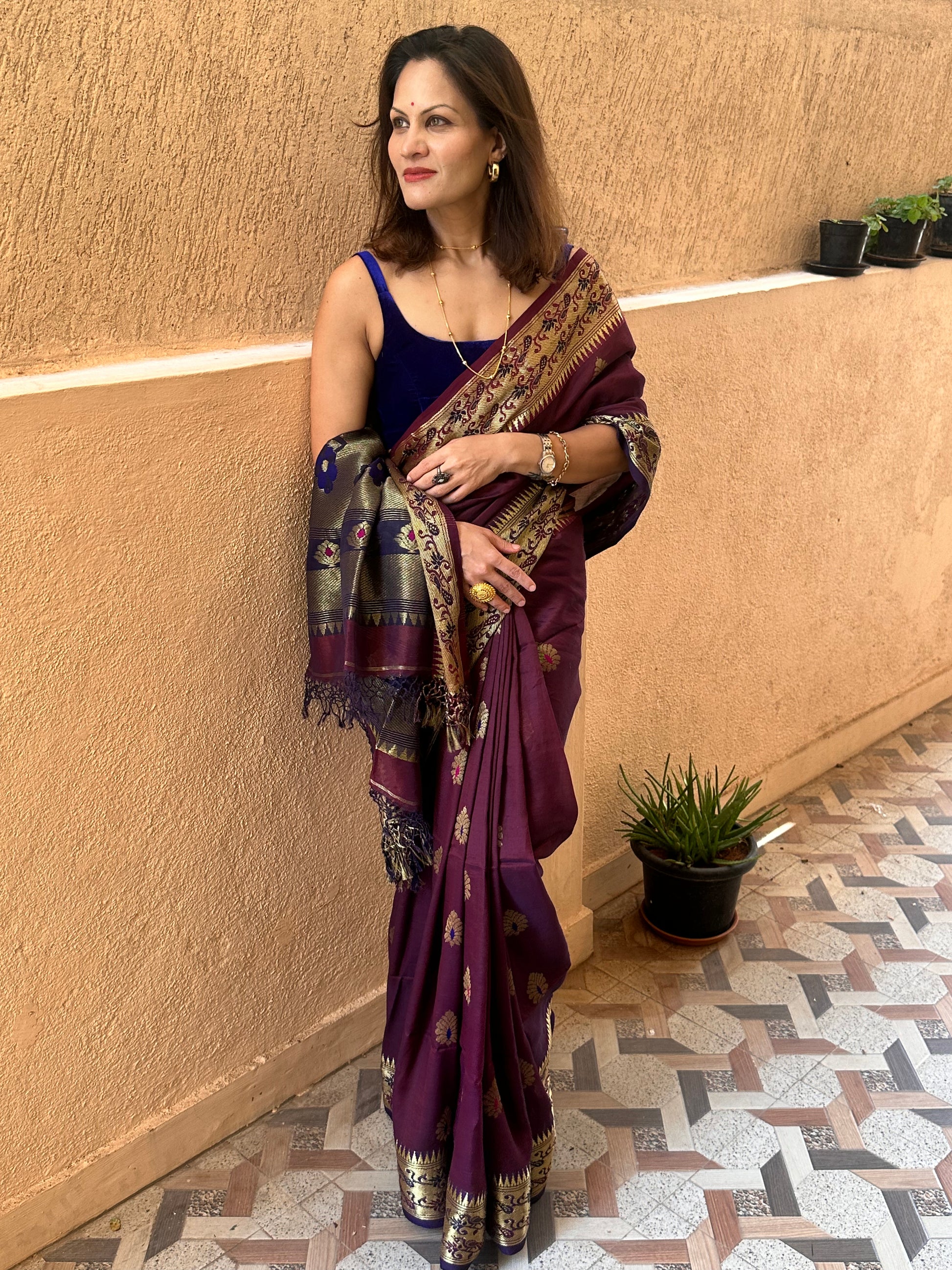 Aubergine Pure Katan Silk Cotton Sari with Paithani Weaving - Raahini