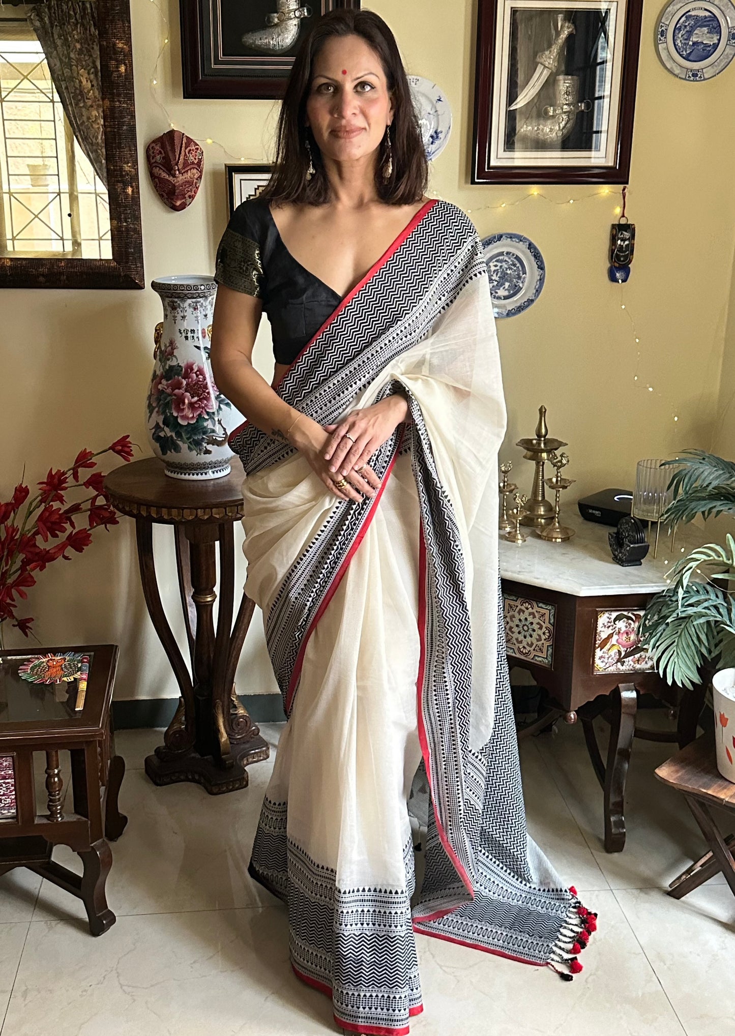 Soft Handloom Cotton with Intricate Black and Red Border - Raahini