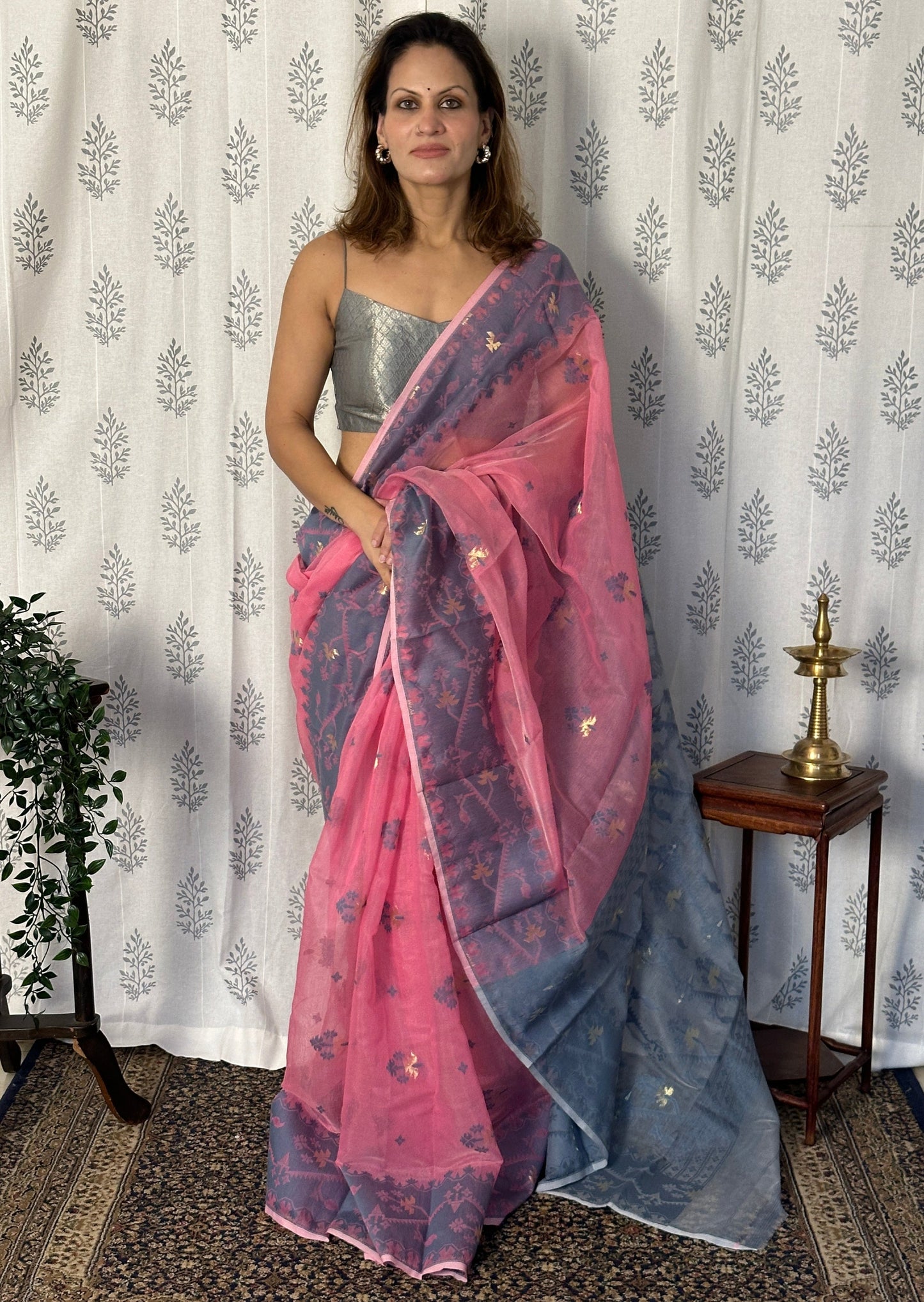 Pink & Grey Cotton Silk Jamdani Saree