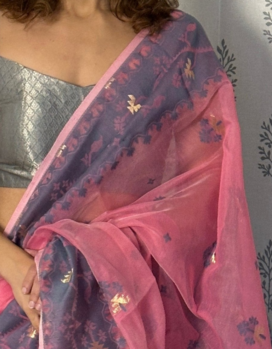 Pink & Grey Cotton Silk Jamdani Saree