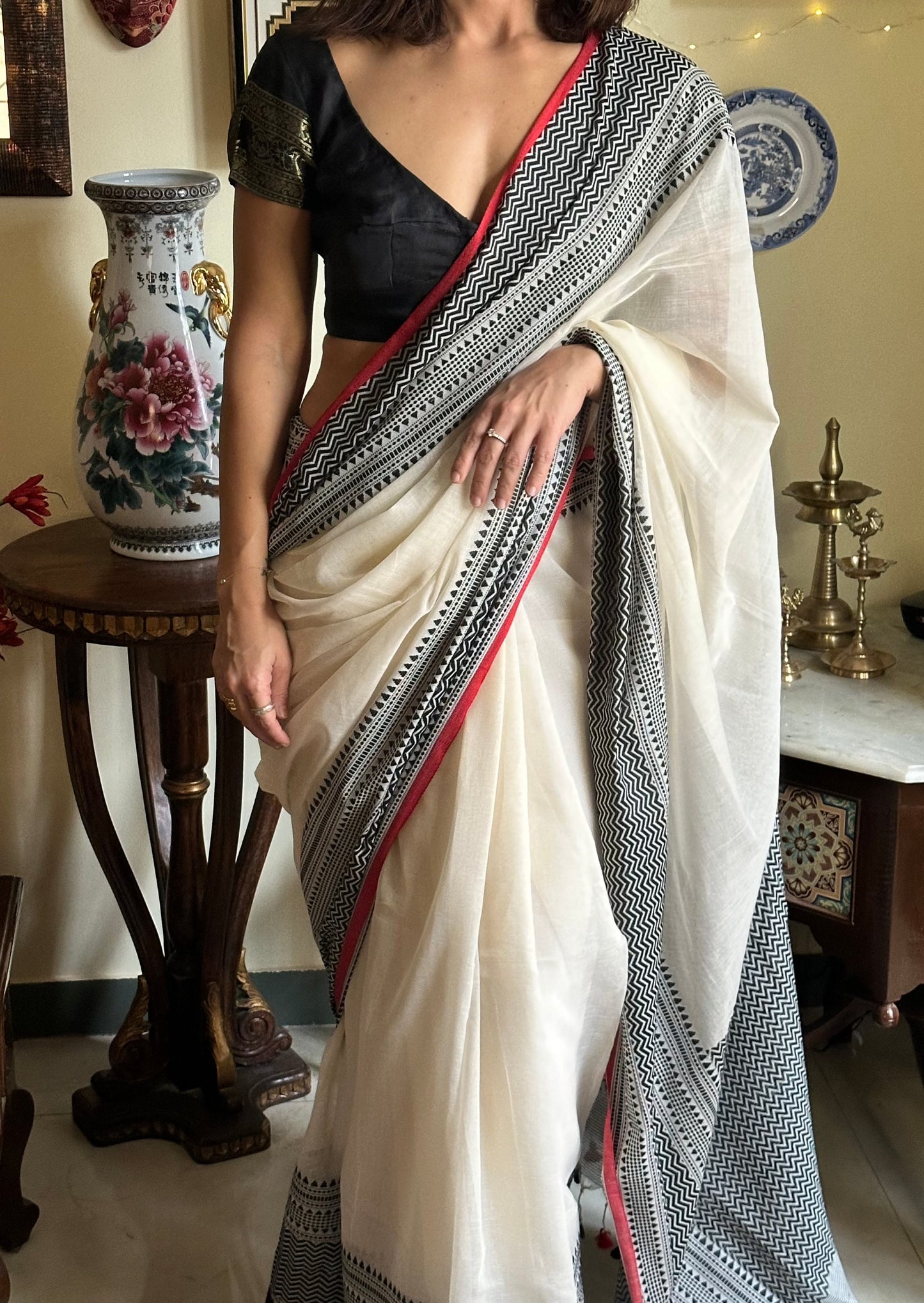 Soft Handloom Cotton with Intricate Black and Red Border - Raahini