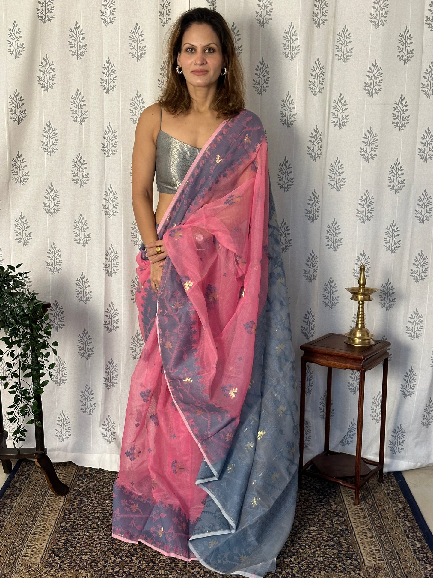 Pink & Grey Cotton Silk Jamdani Saree