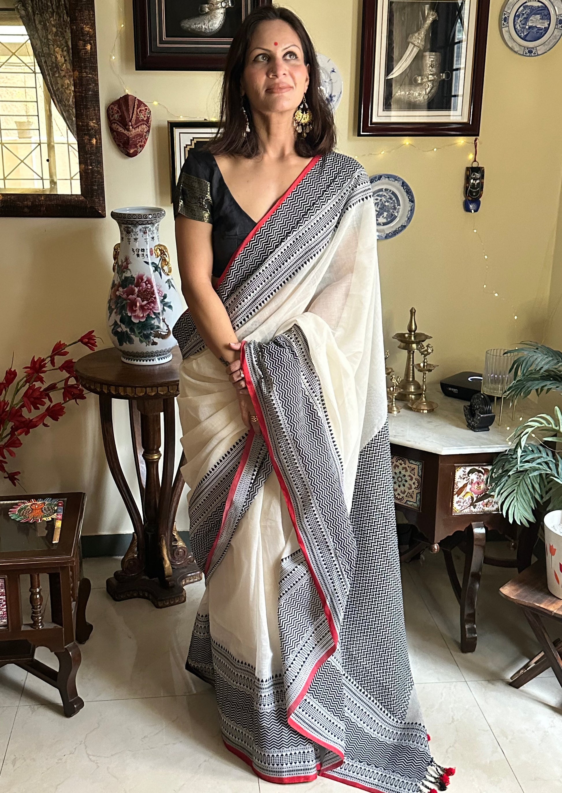 Soft Handloom Cotton with Intricate Black and Red Border - Raahini