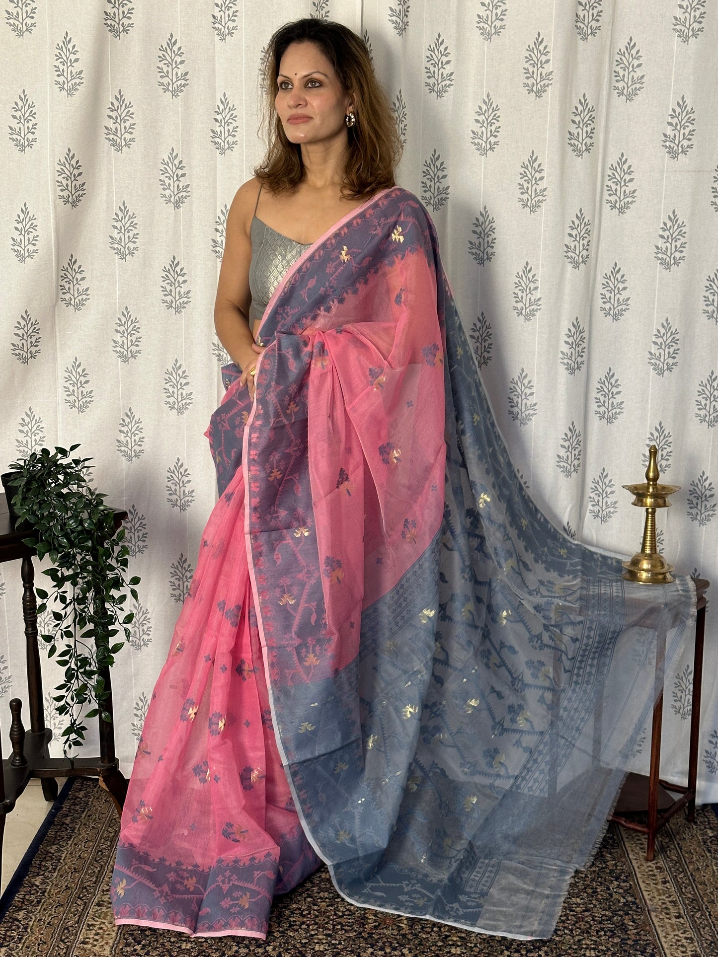 Pink & Grey Cotton Silk Jamdani Saree