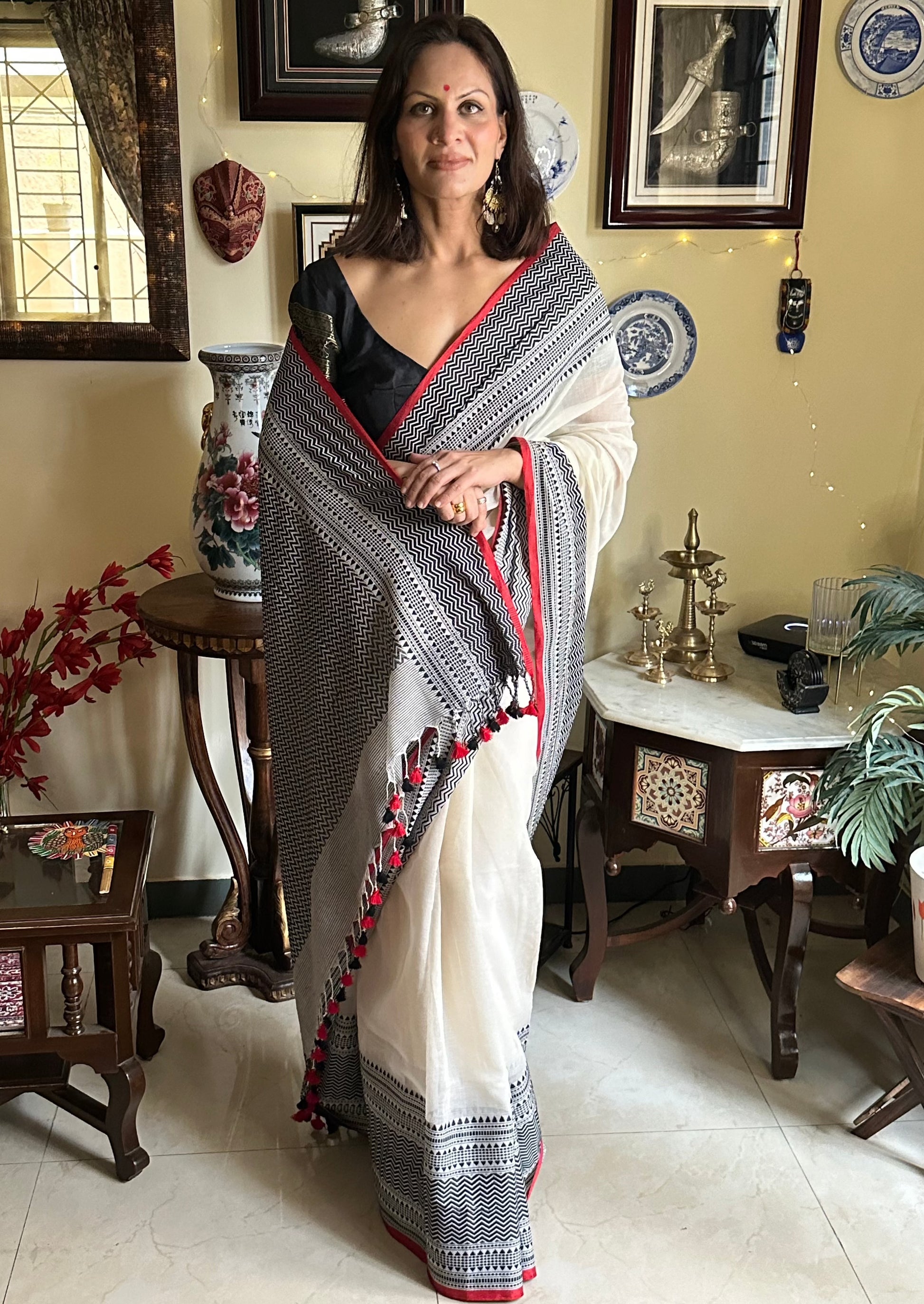 Soft Handloom Cotton with Intricate Black and Red Border - Raahini