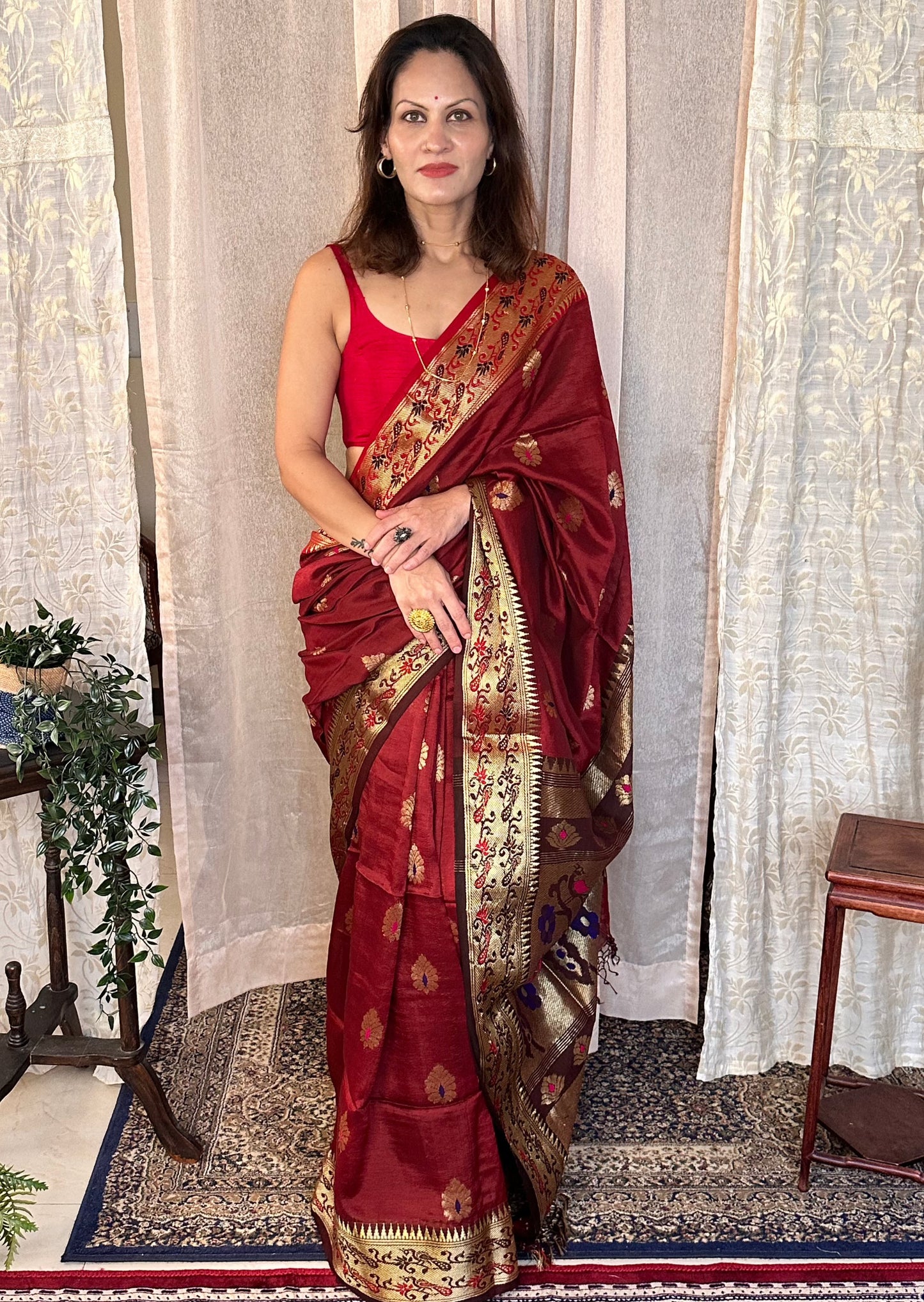 Red Pure Katan Silk Cotton Sari with Paithani Weaving - Raahini