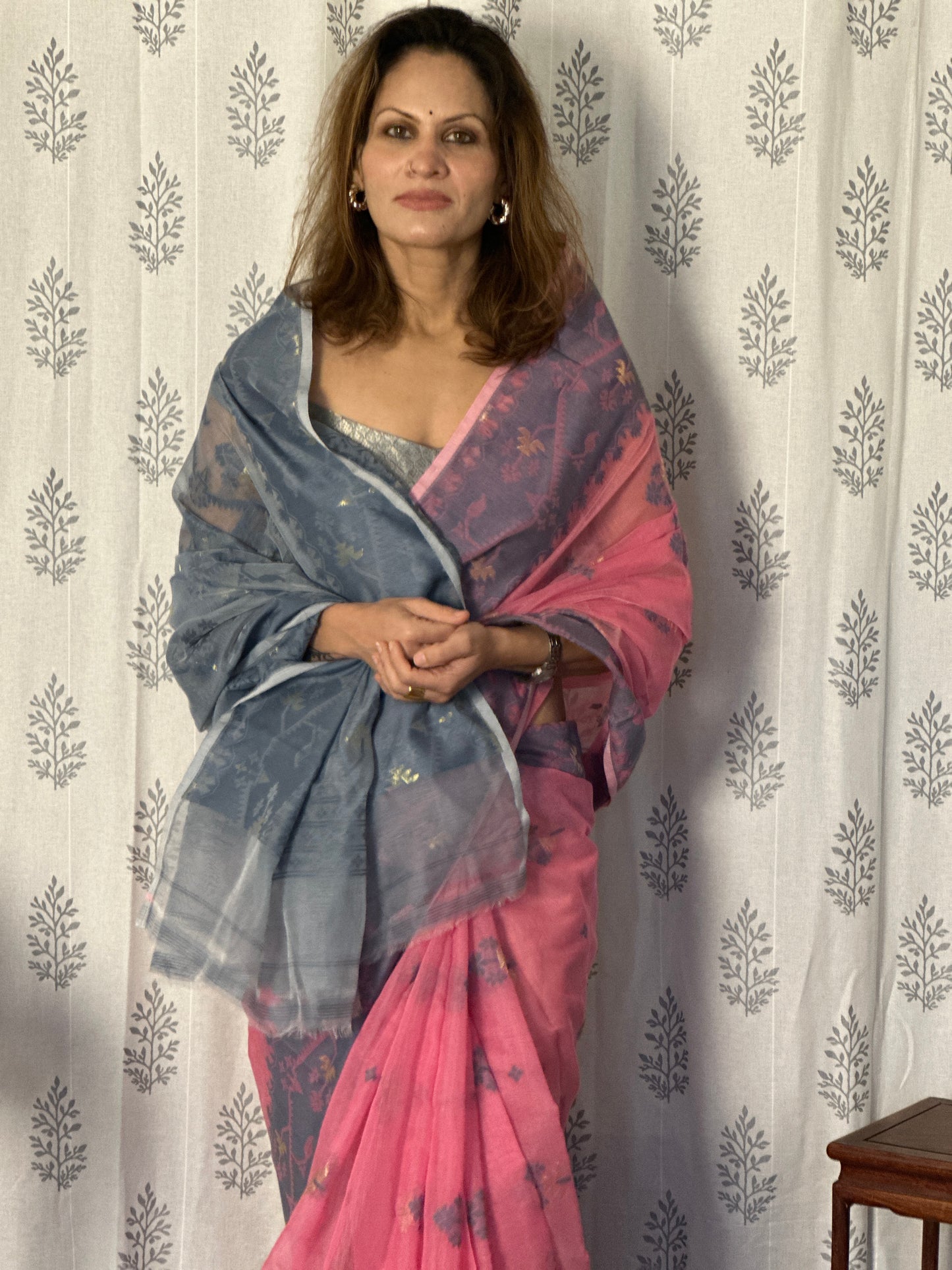 Pink & Grey Cotton Silk Jamdani Saree