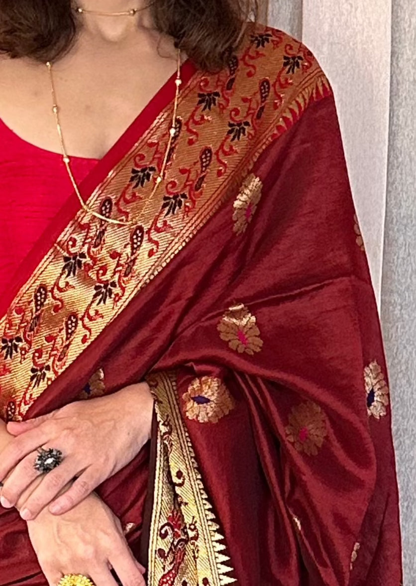 Red Pure Katan Silk Cotton Sari with Paithani Weaving - Raahini