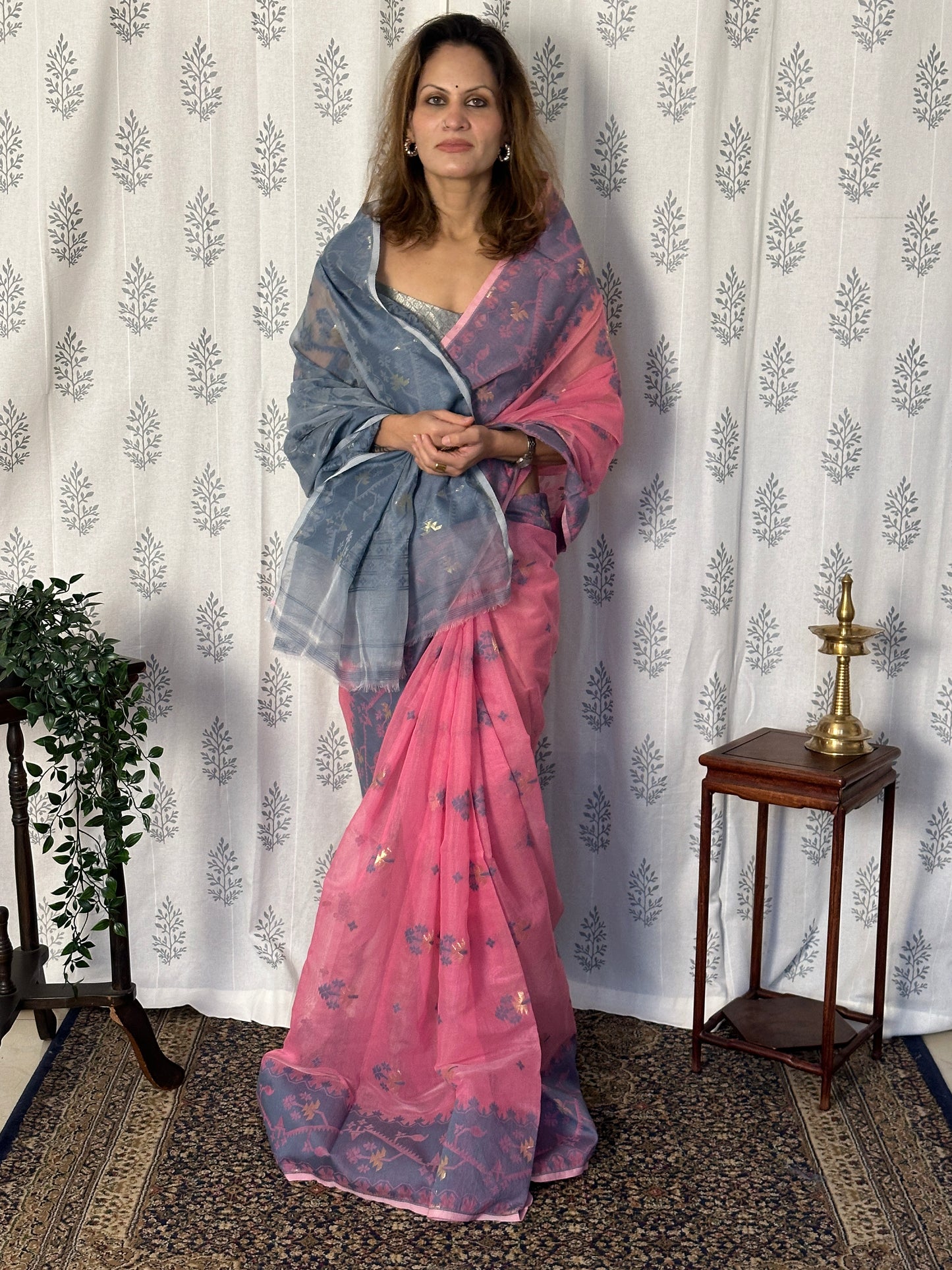 Pink & Grey Cotton Silk Jamdani Saree