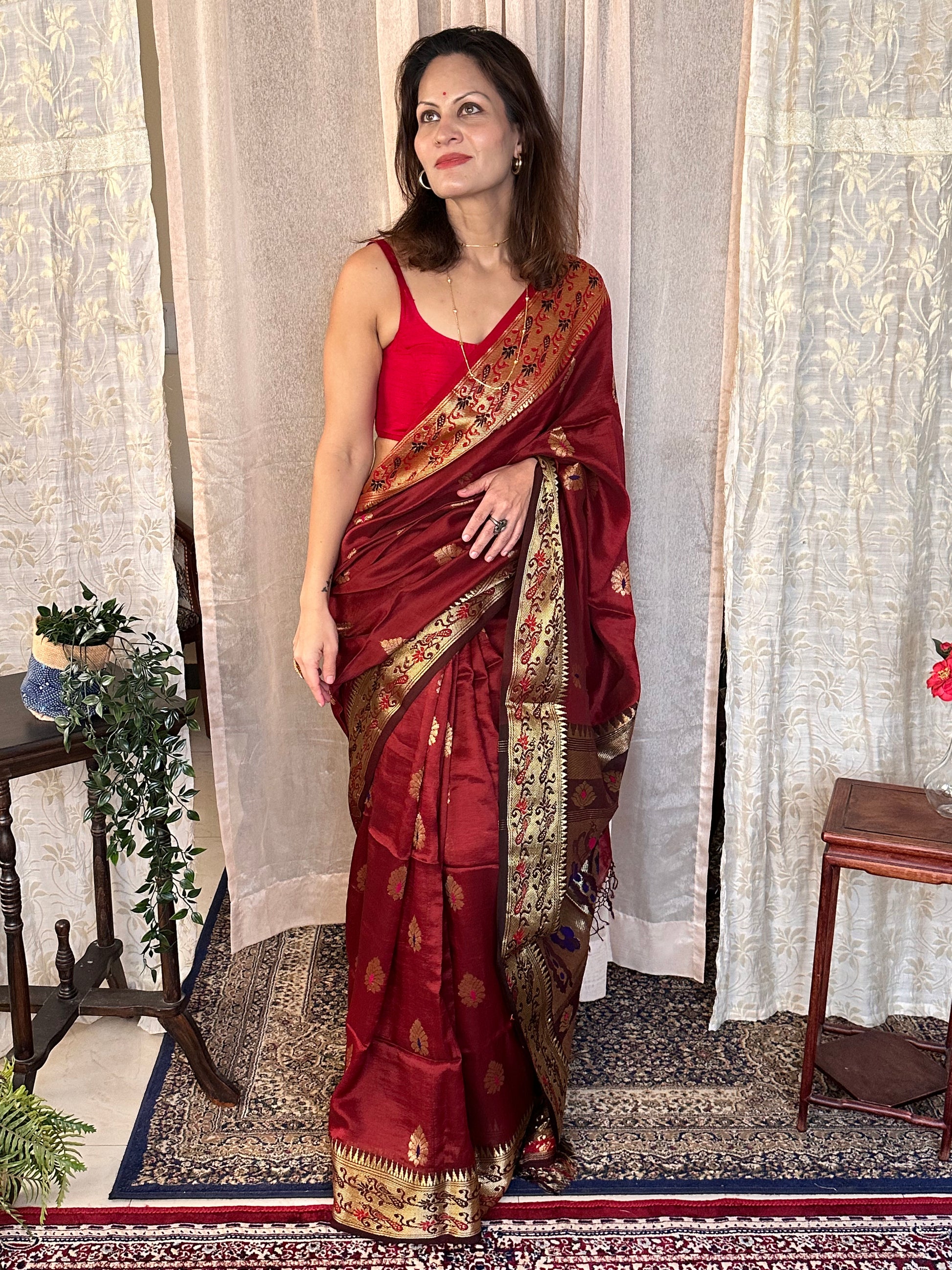 Red Pure Katan Silk Cotton Sari with Paithani Weaving - Raahini