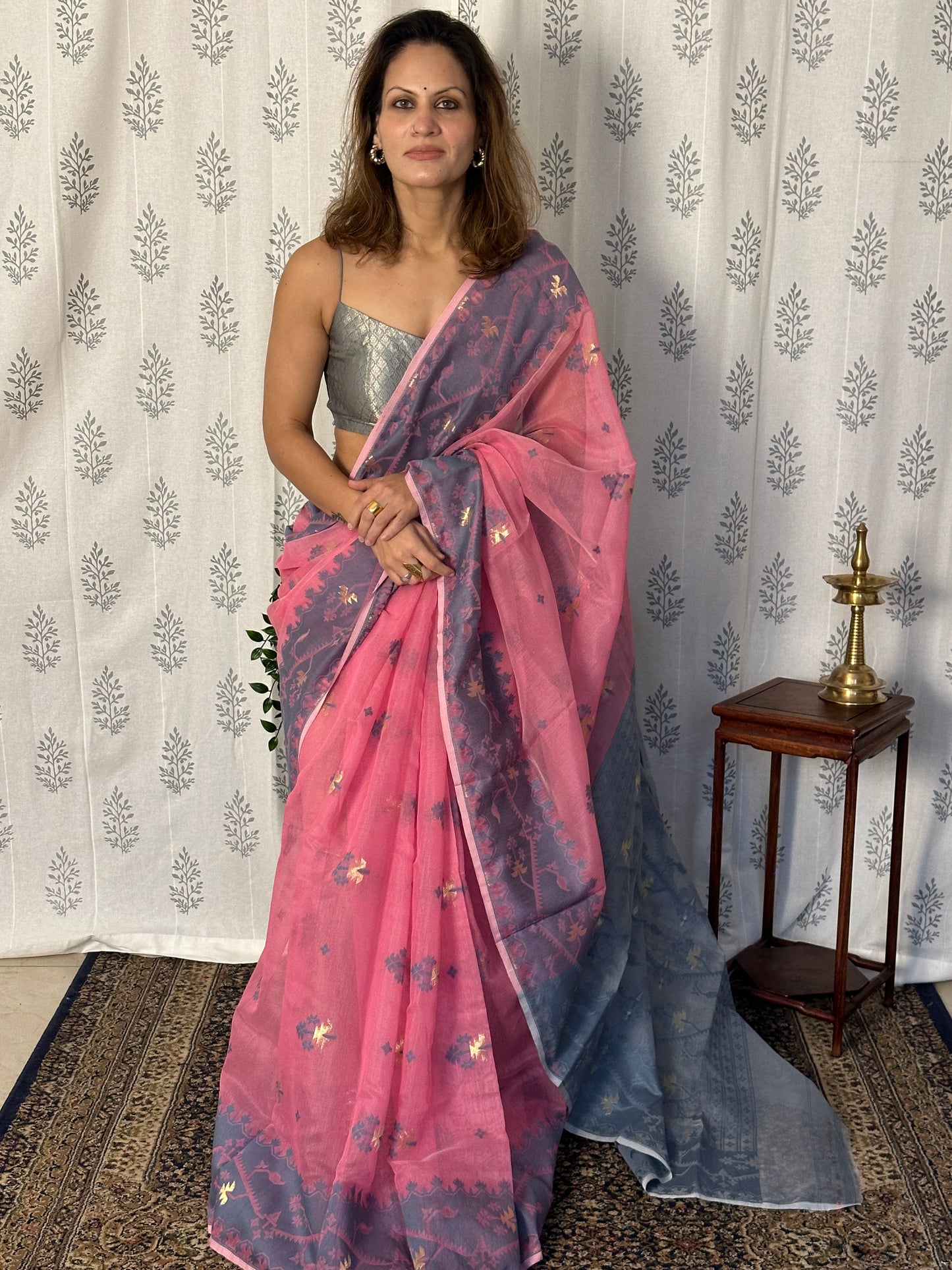 Pink & Grey Cotton Silk Jamdani Saree