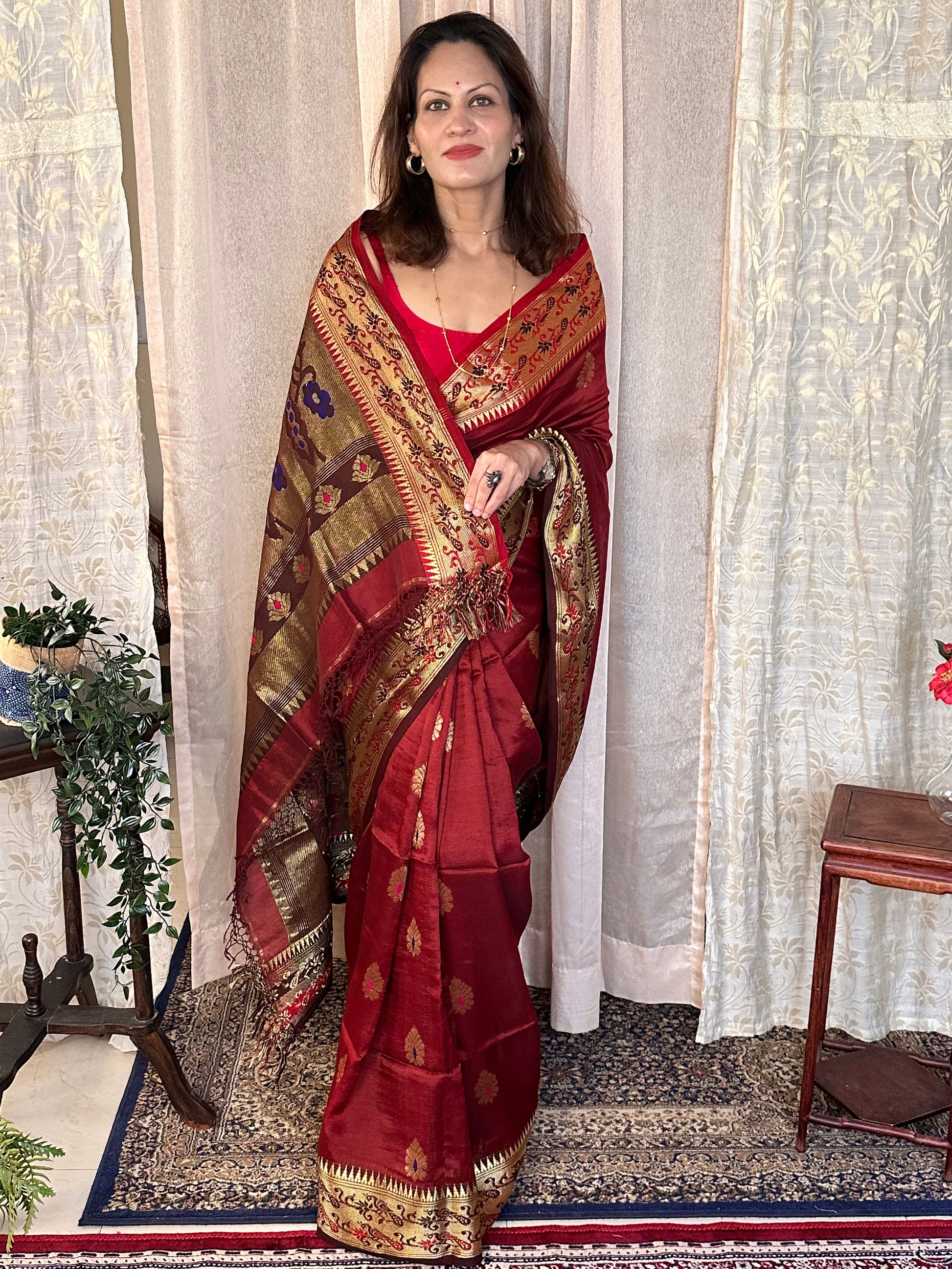 Red Pure Katan Silk Cotton Sari with Paithani Weaving - Raahini