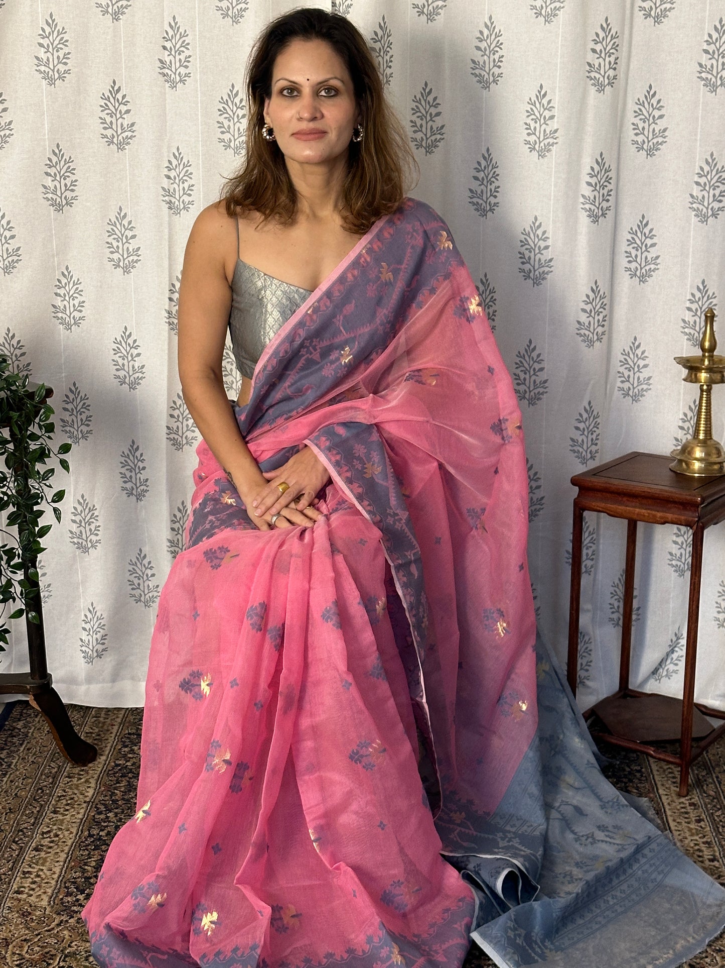 Pink & Grey Cotton Silk Jamdani Saree