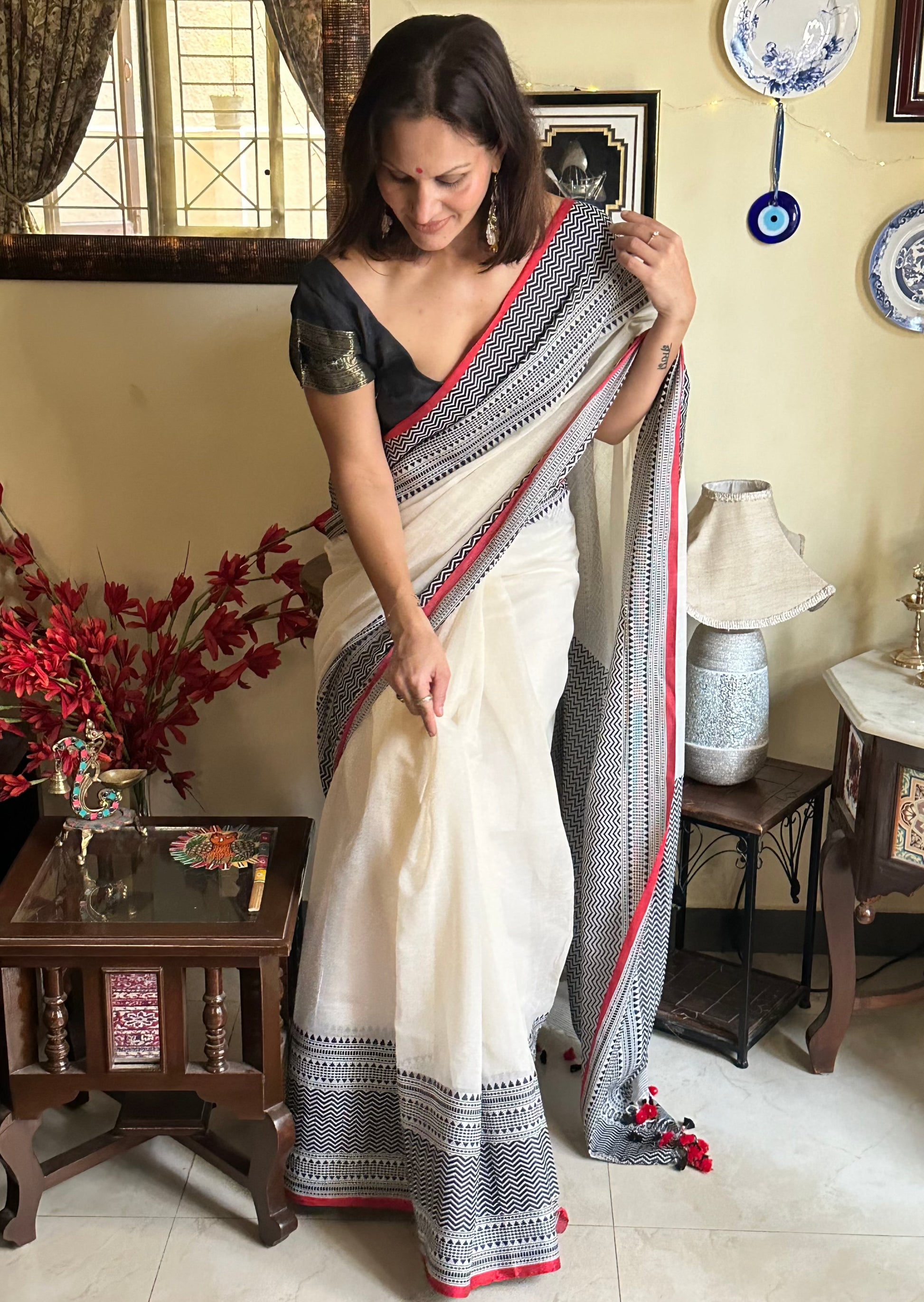 Soft Handloom Cotton with Intricate Black and Red Border - Raahini