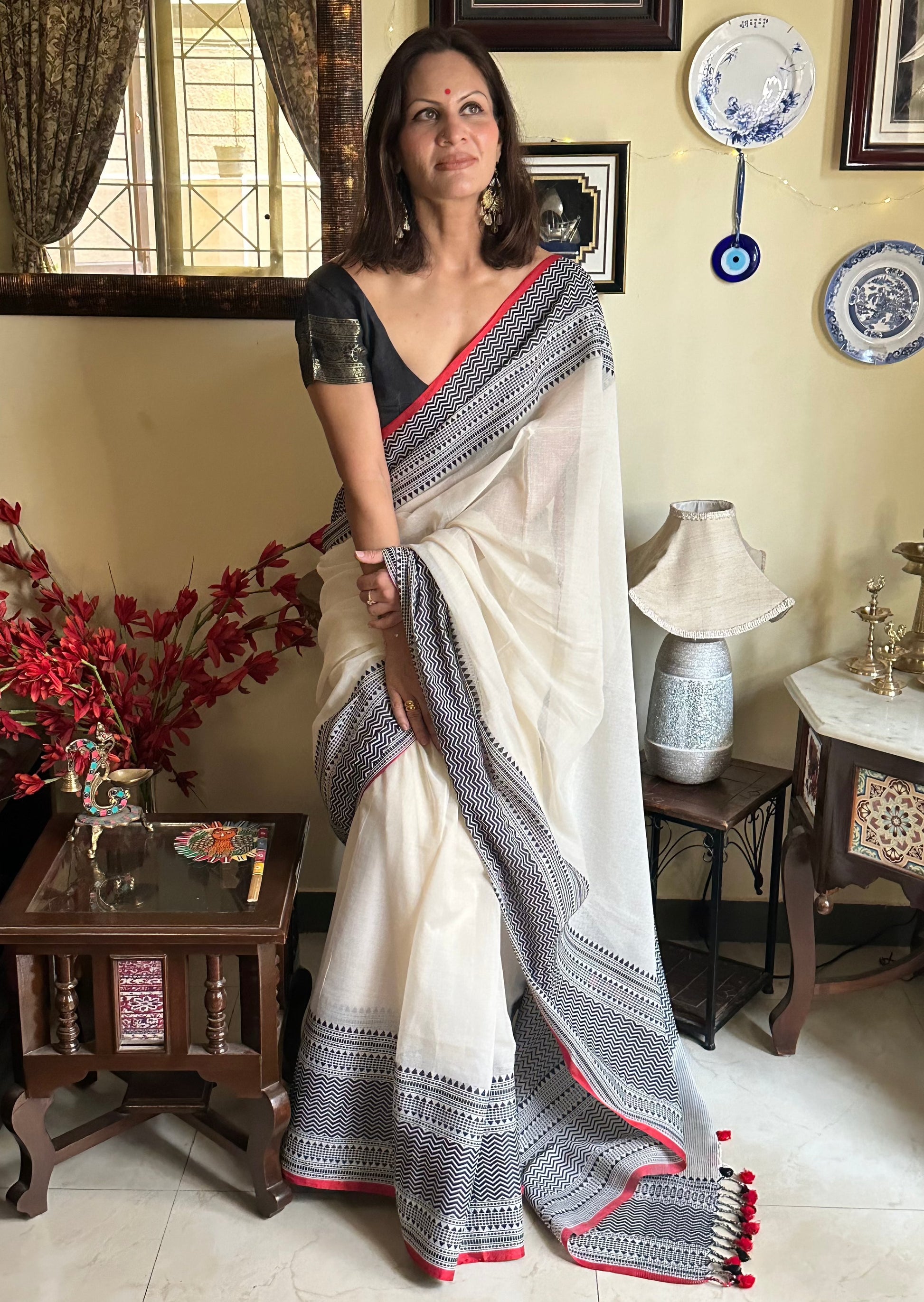 Soft Handloom Cotton with Intricate Black and Red Border - Raahini