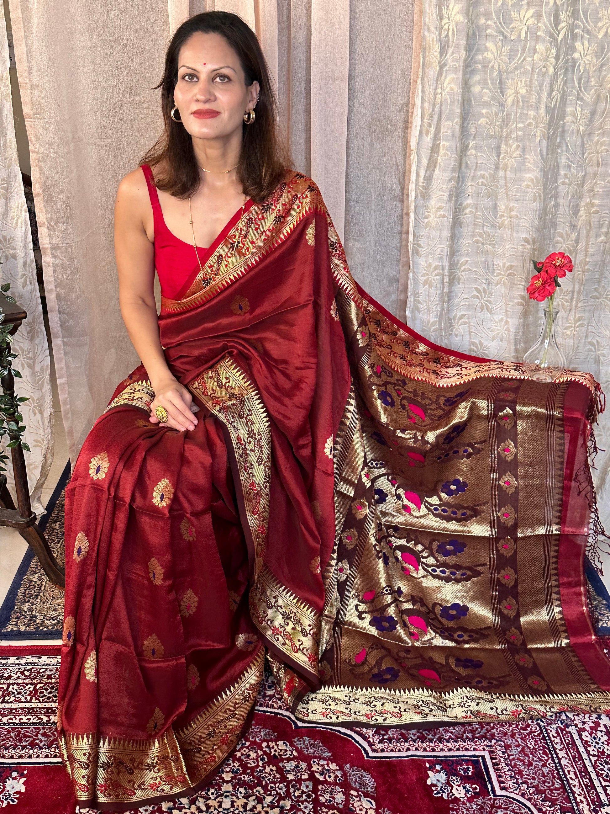 Red Pure Katan Silk Cotton Sari with Paithani Weaving - Raahini