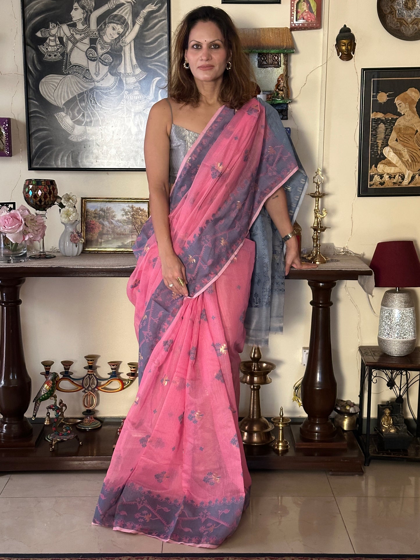 Pink & Grey Cotton Silk Jamdani Saree