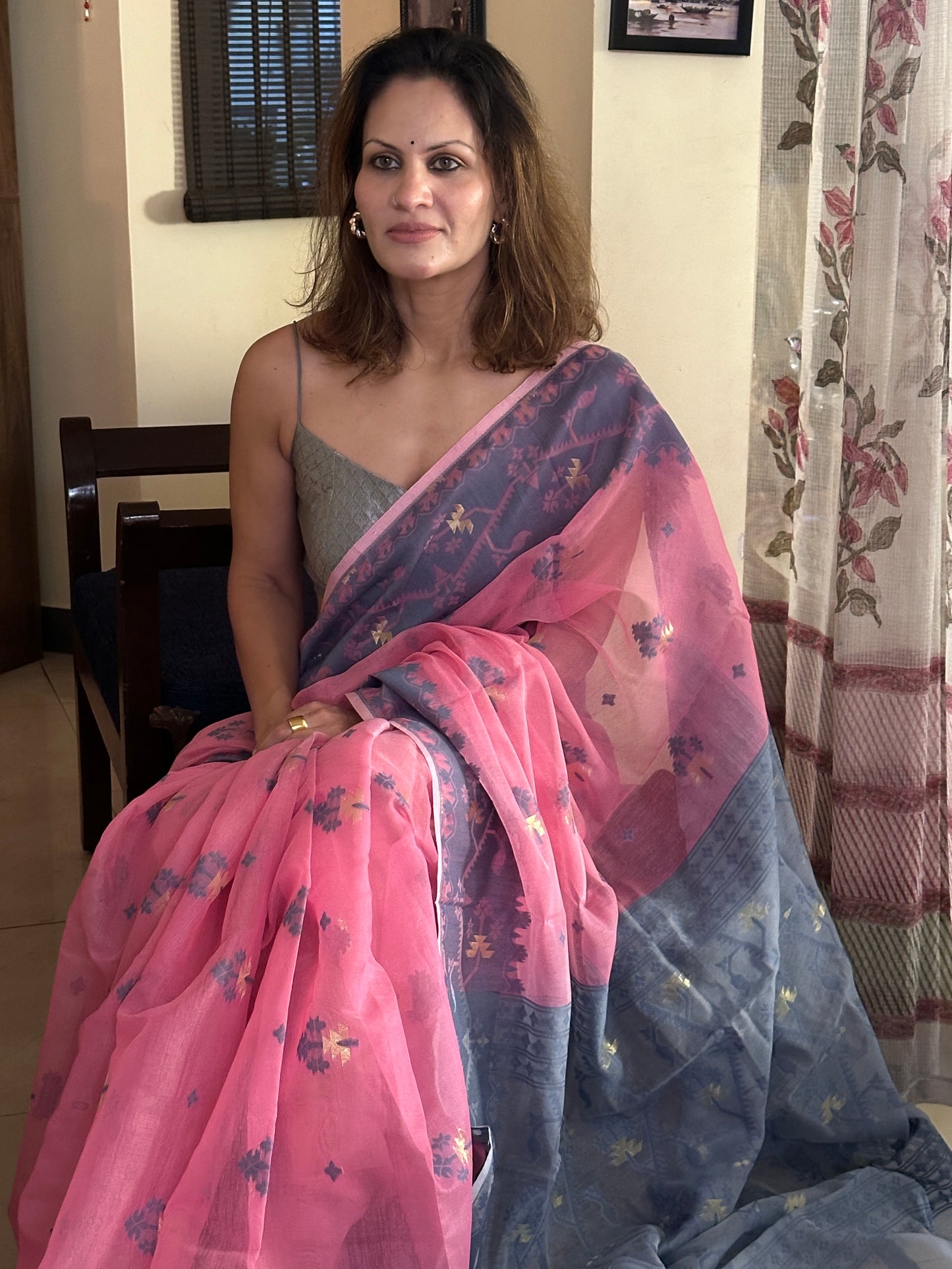 Pink & Grey Cotton Silk Jamdani Saree