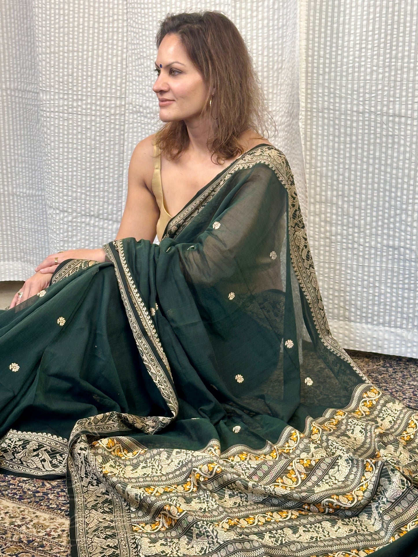 Green Pure Cotton Baluchari Saree with Weaving