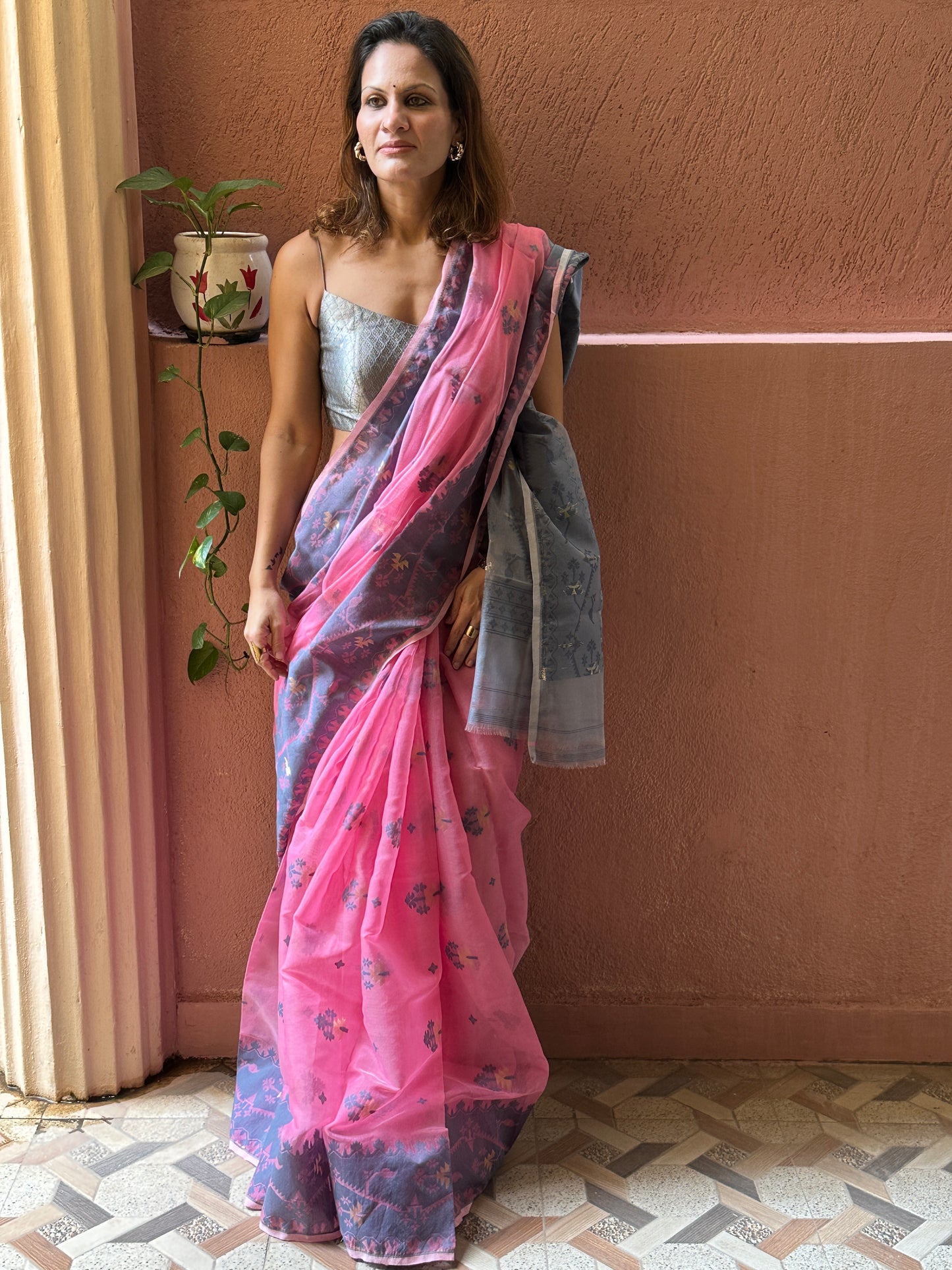 Pink & Grey Cotton Silk Jamdani Saree