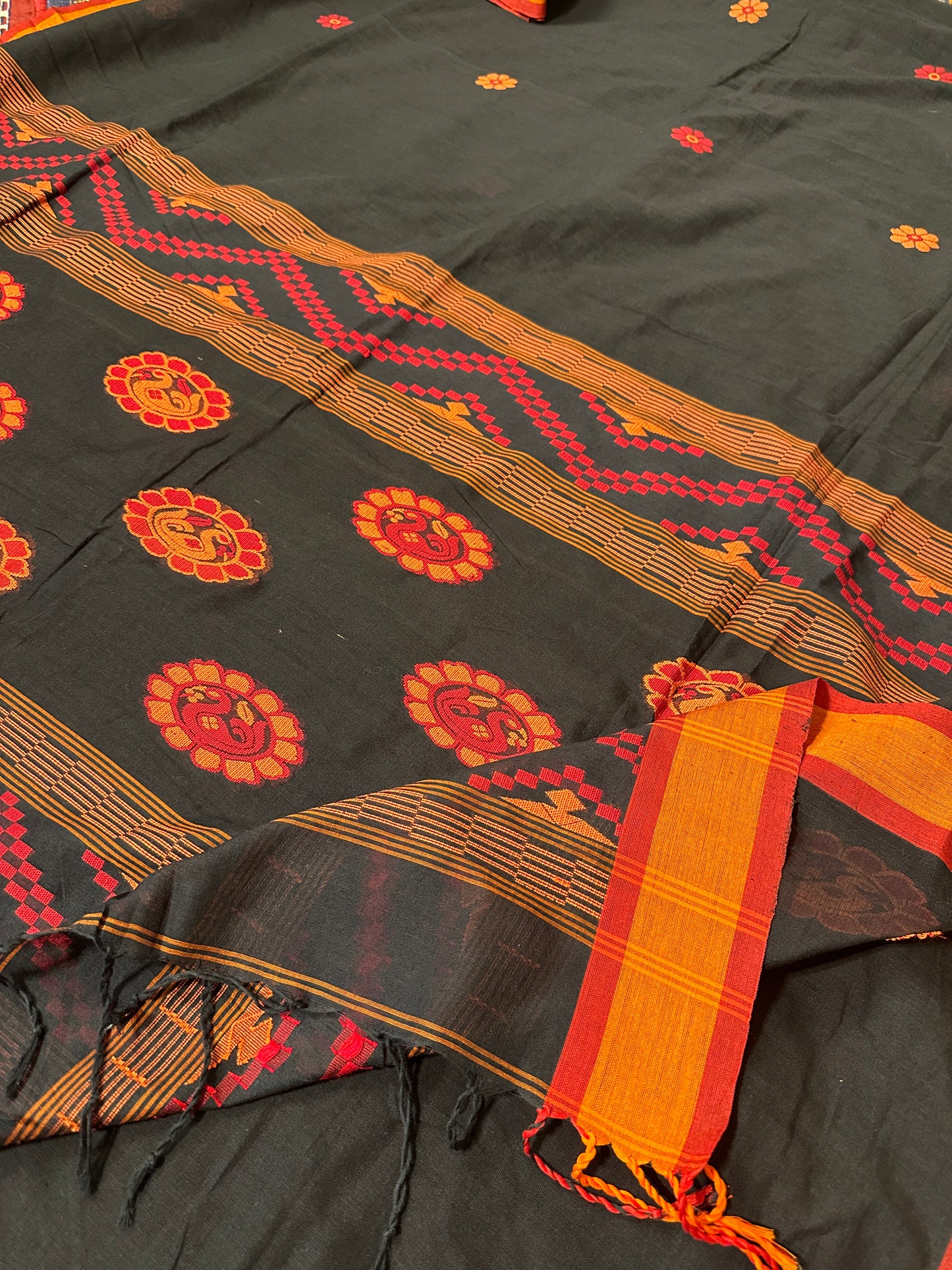 Black Baluchari Sari with Handwoven Design, Floral Butis, & Zari Border