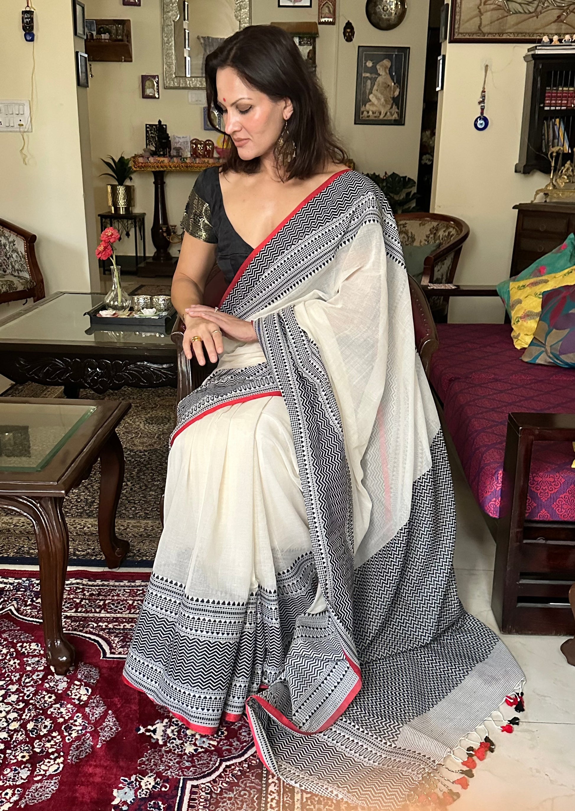 Soft Handloom Cotton with Intricate Black and Red Border - Raahini