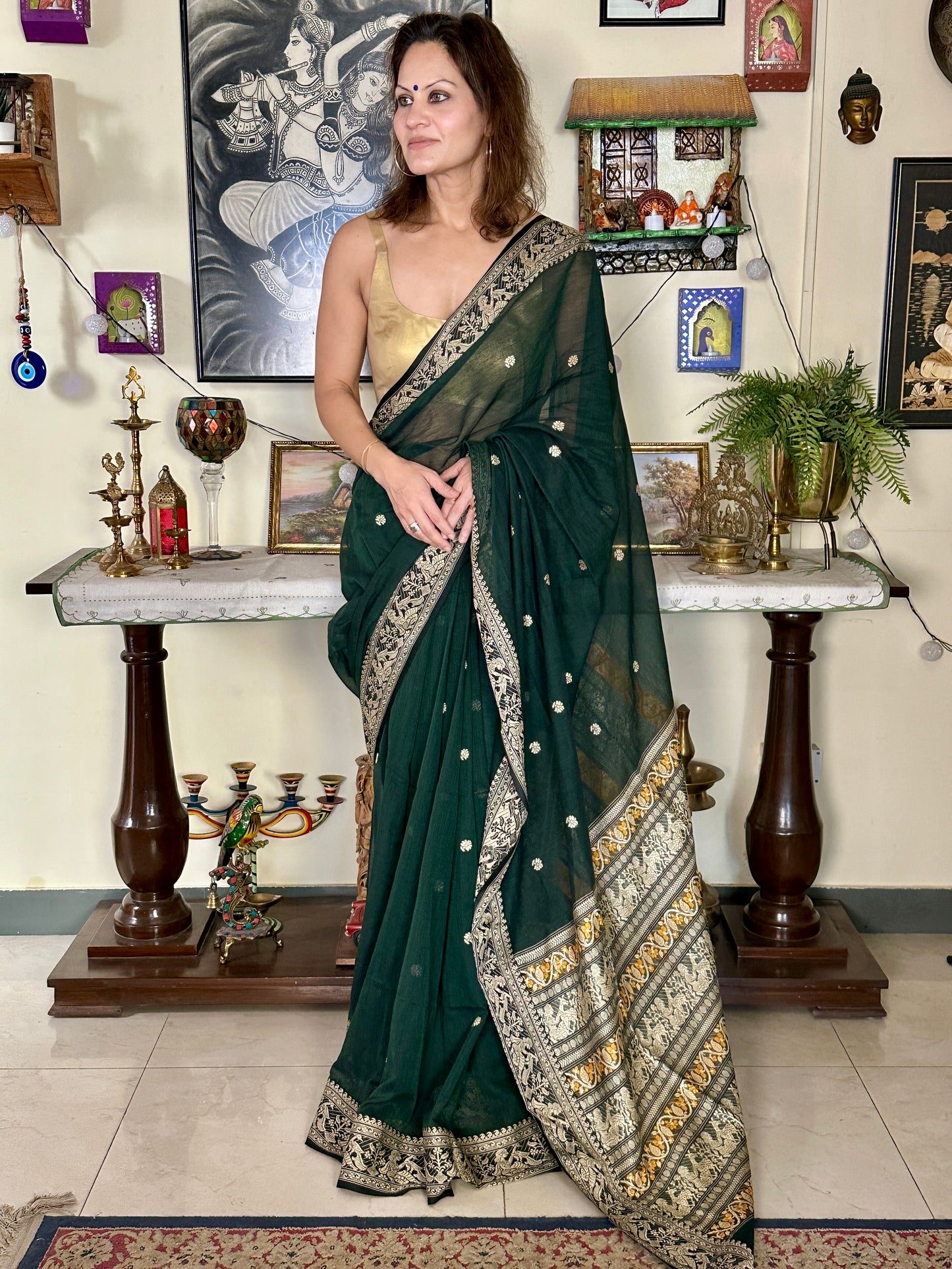Green Pure Cotton Baluchari Saree with Weaving