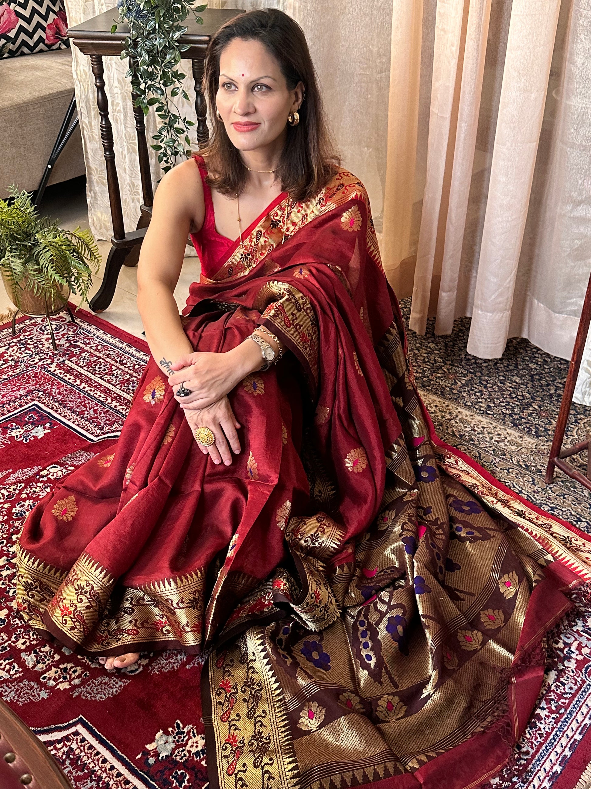 Red Pure Katan Silk Cotton Sari with Paithani Weaving - Raahini