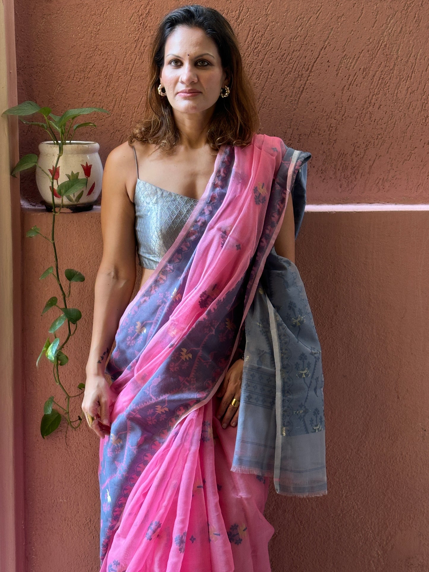 Pink & Grey Cotton Silk Jamdani Saree