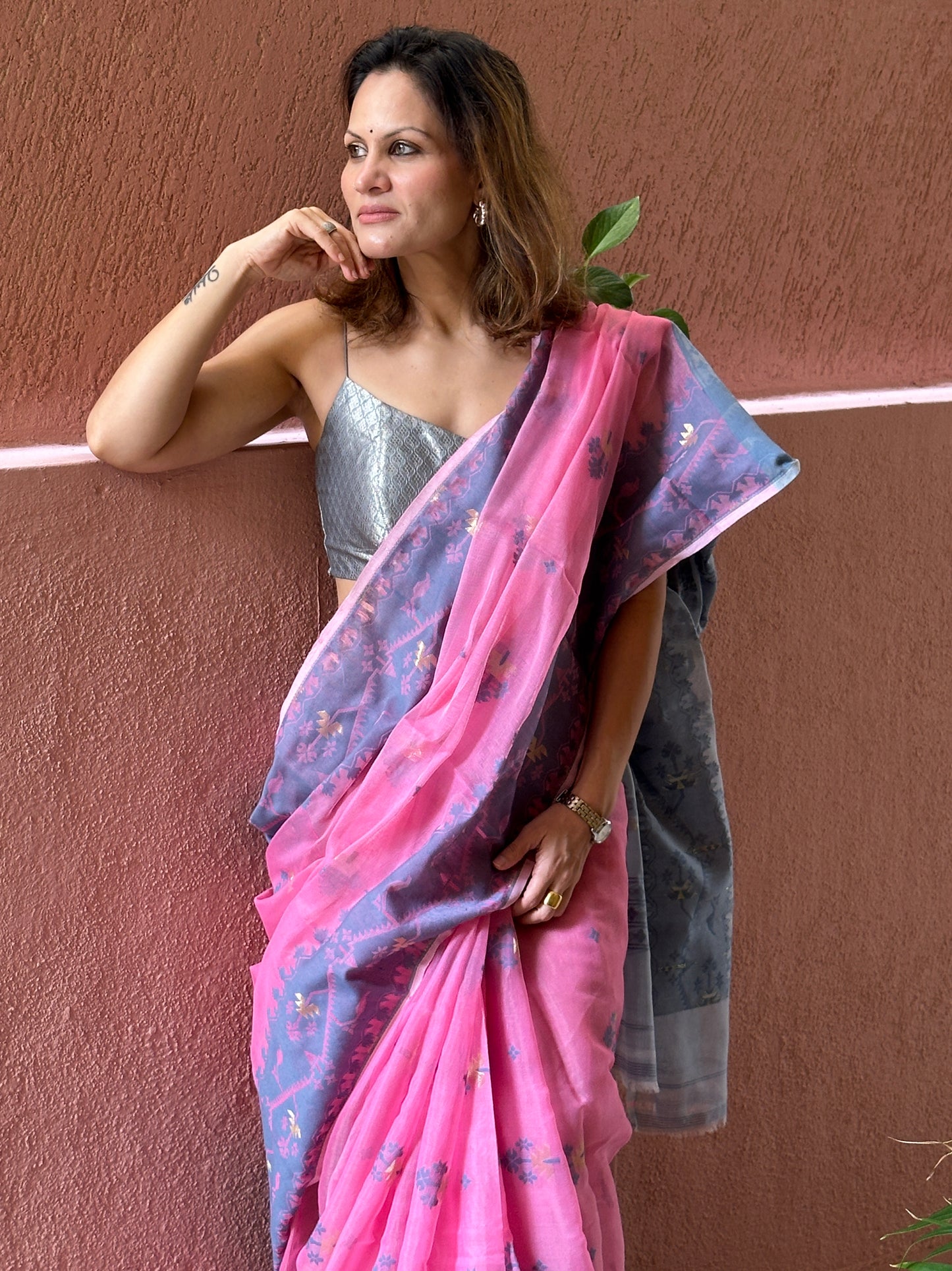 Pink & Grey Cotton Silk Jamdani Saree