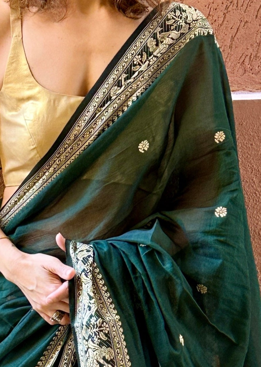 Green Pure Cotton Baluchari Saree with Weaving