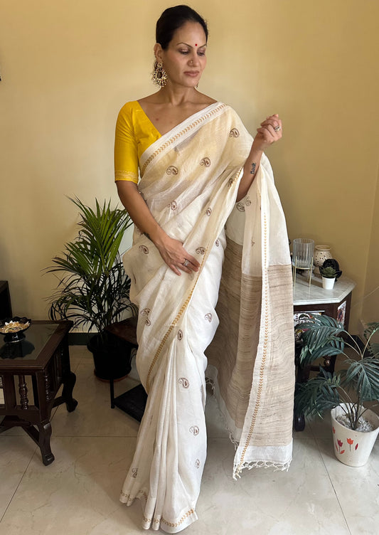 Handloom Pure Linen with Kaatha handwork Work, Gicha Pallu, & Pure Tassur Border - Raahini