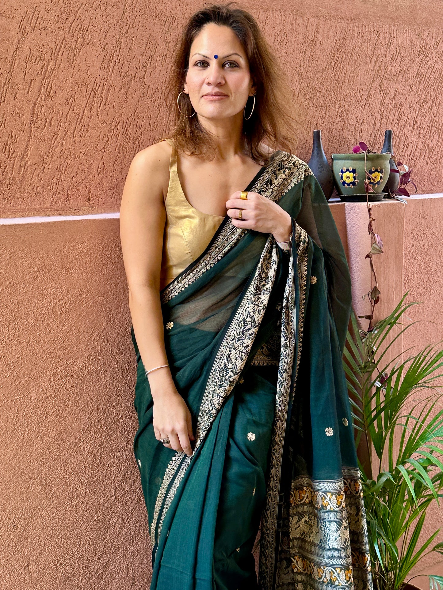 Green Pure Cotton Baluchari Saree with Weaving