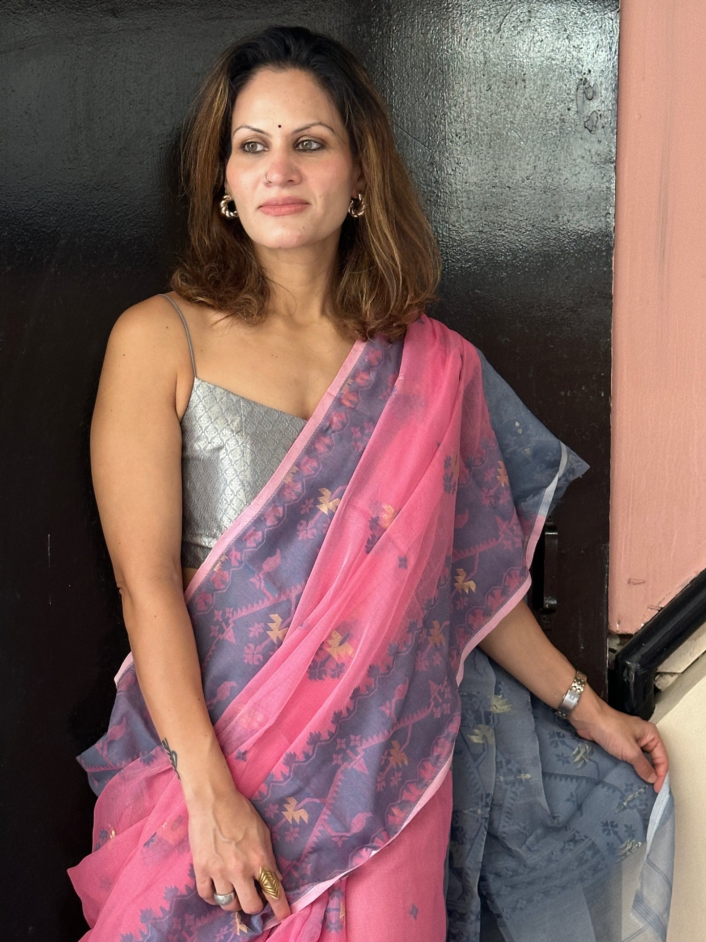 Pink & Grey Cotton Silk Jamdani Saree