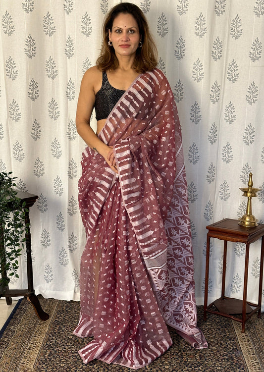 Maroon & White Cotton Silk Jamdani Saree with Woven Design