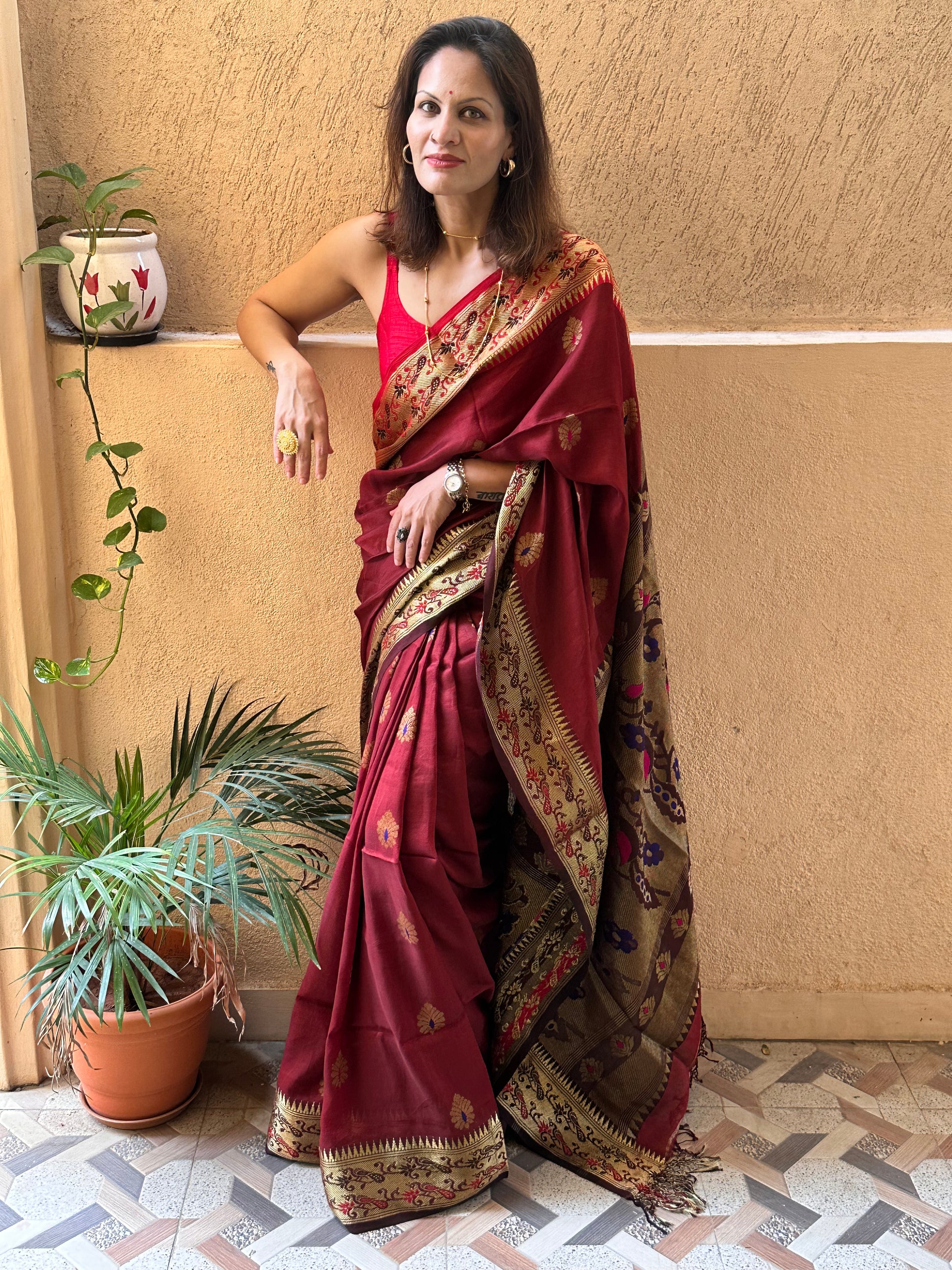 Red Pure Katan Silk Cotton Sari with Paithani Weaving - Raahini