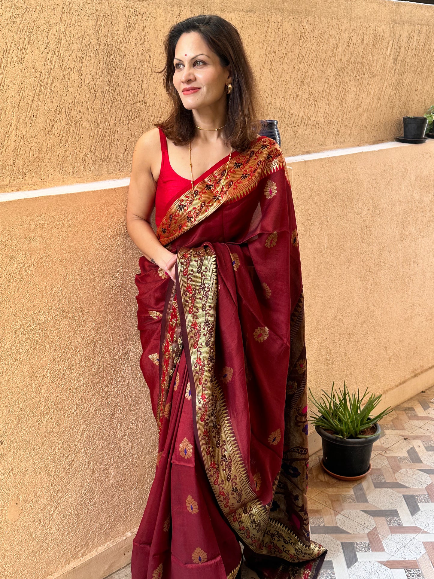 Red Pure Katan Silk Cotton Sari with Paithani Weaving - Raahini